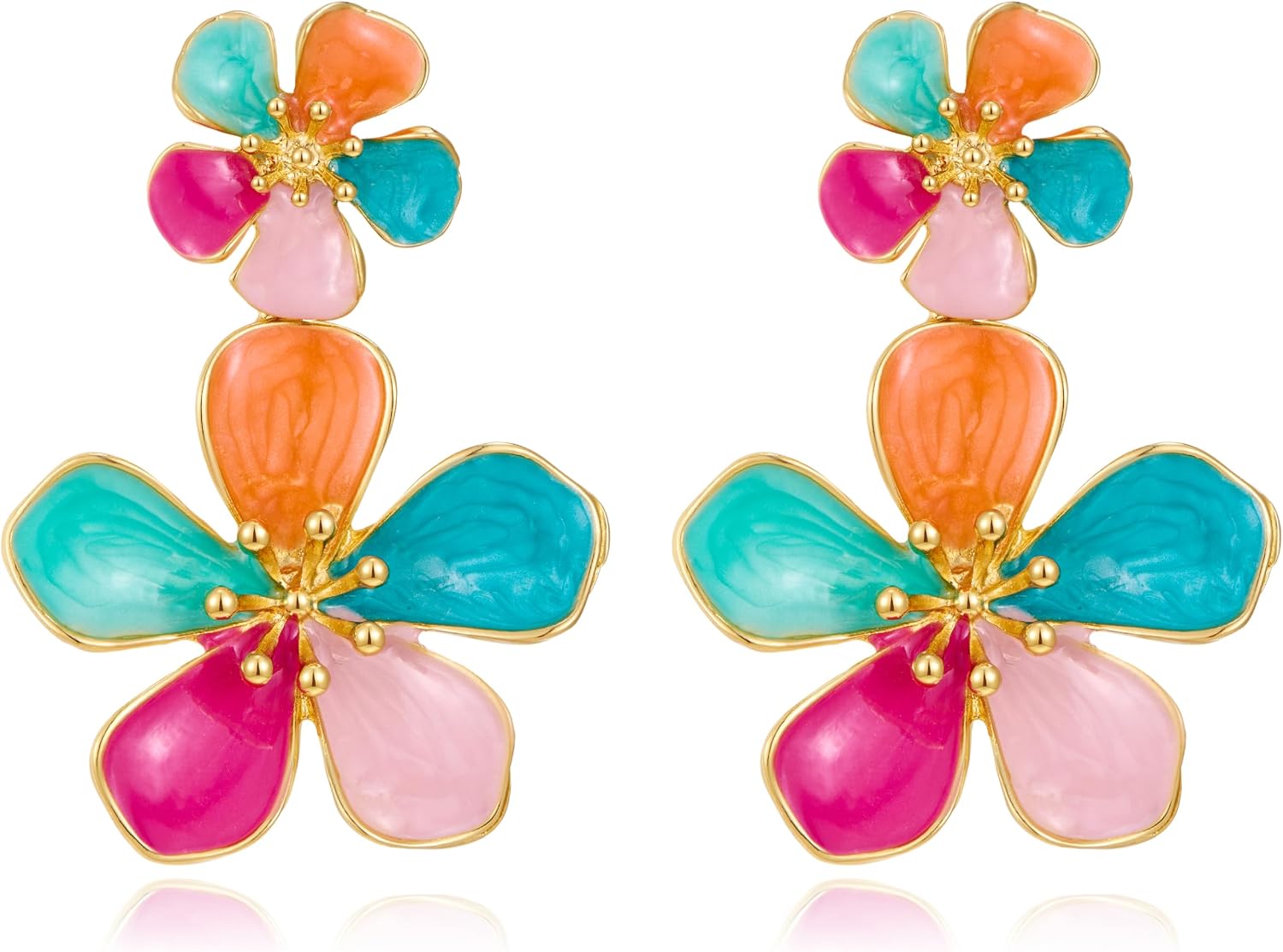 HUAYUNFANG Colorful Enamel Double Flower Drop Earrings Gold Plated Vibrant Multi Color