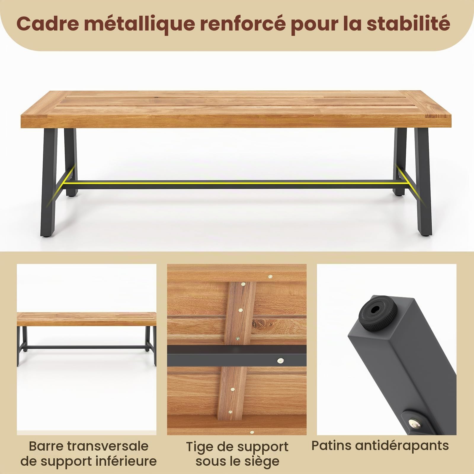 GIANTEX Banc de Jardin en Bois d'Acacia 160 x 32 x 45 CM, 3-4 Places Banquette d'Exterieure avec Barres de Support, Pieds Réglables, Charge 320 KG, Assise Large pour Terrasse, Parc (2)