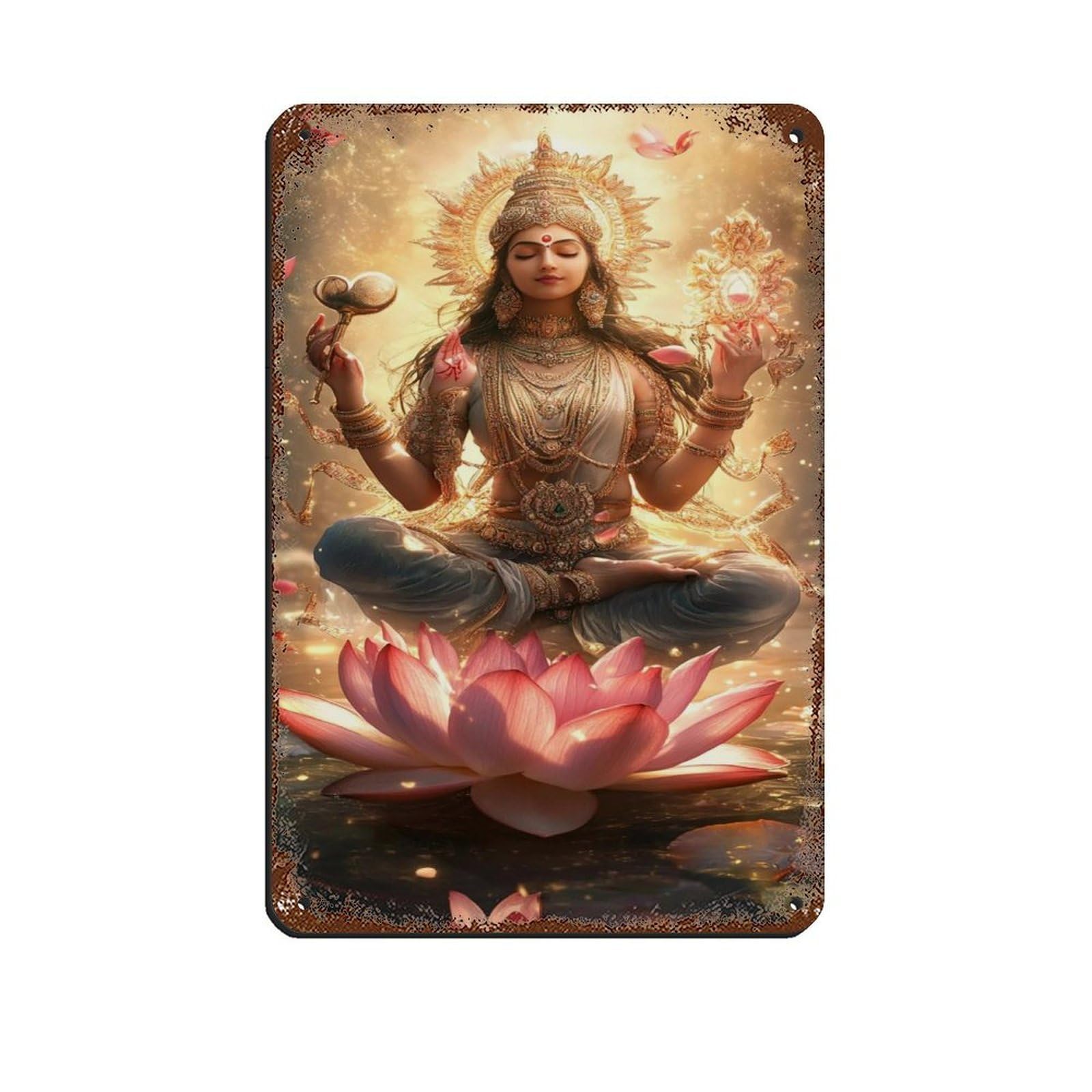 Hindu Goddess Lakshmi, Divine Spiritual Art Retro Poster Metal Tin Sign Chic Art Retro Iron Painting Bar People Cave Cafe Family Garage Poster Wall Decoration 8x12inch(20x30cm)