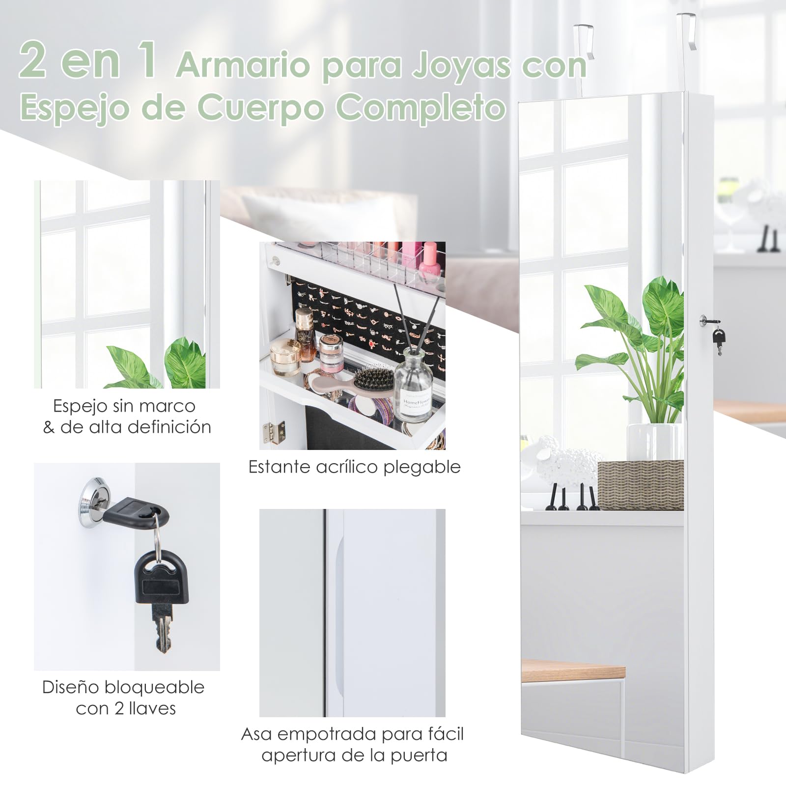 COSTWAY Armario Joyero con Espejo de Puerta para Joyas con Cerradura y Luces de 3 Colores - Espejo Interior con Estante Plegable y Cajas de Almacenamiento de Plástico (Blanco)