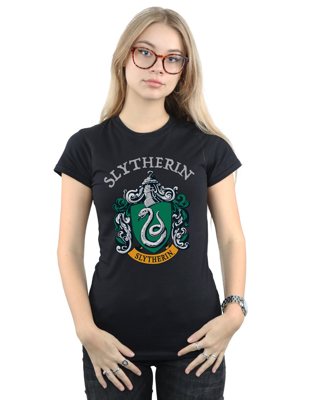 Absolute Cult Women's Black Harry Potter Slytherin Crest T-Shirt Large