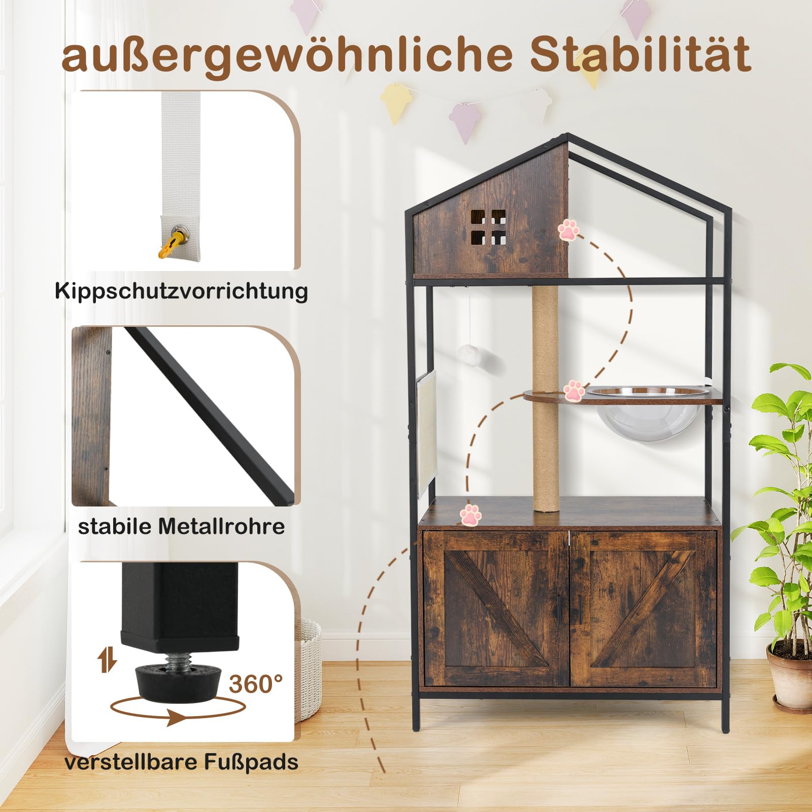COSTWAY Kratzbaum mit Katzenklo Schrank, Katzenschrank für Katzentoilette, Katzenbaum mit Katzenhaus & Jutepfosten & Raumkapsel & Kratzmatte, All-in-One Katzenmöbel, 80 x 48 x 150 cm, Braun