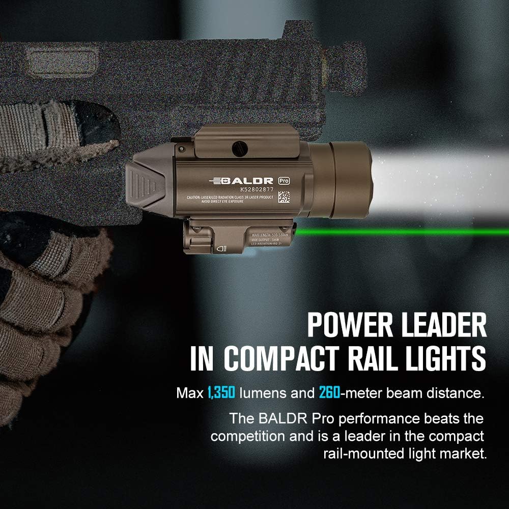 Buy 2 get 3 OLIGHT Baldr Pro 1350 Lumens Tactical Weaponlight with Green Light and White LED, 260 Meters Beam Distance Compatible with 1913 or GL Rail, Batteries Included(Desert Tan)