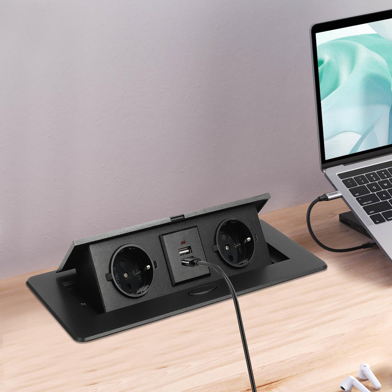 Enchufe empotrable retráctil con 2 puertos USB negro sin cable | Socket Pop Up de mesa, 2 USB y 2 euros, enchufe estándar para encimera