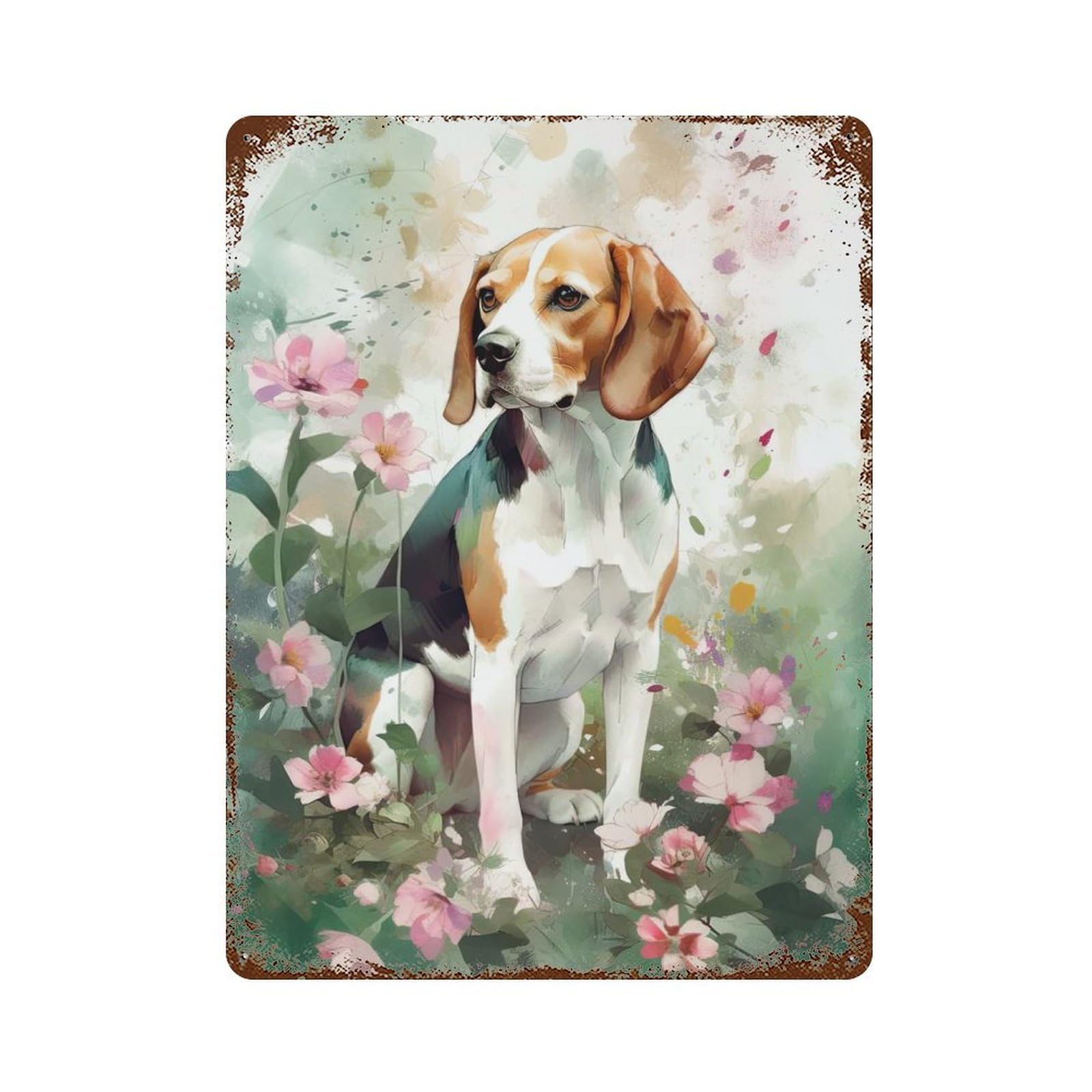 Aged Metal Wall Plaque with Beagle Dog Flowers Design 15.7"x11.8", for Pub, Kitchen And Man Cave Decor, Shabby Chic Decor