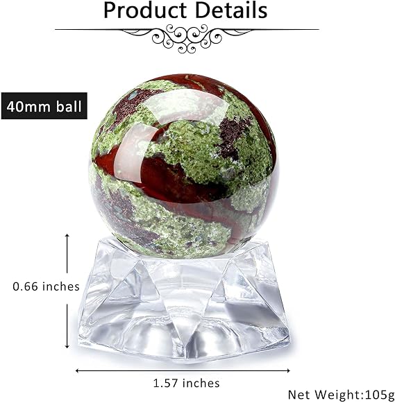 Jovivi 40mm Natural Dragon Blood Jasper Healing Crystal Gemstone Ball Divination Sphere Sculpture Figurine with Acrylic Stand