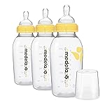 Medela Breast Milk Storage Bottles, 3 Pack of 8 Ounce Breastfeeding Bottles with Nipples, Lids, Wide Base Collars, and Travel Caps, Made Without BPA