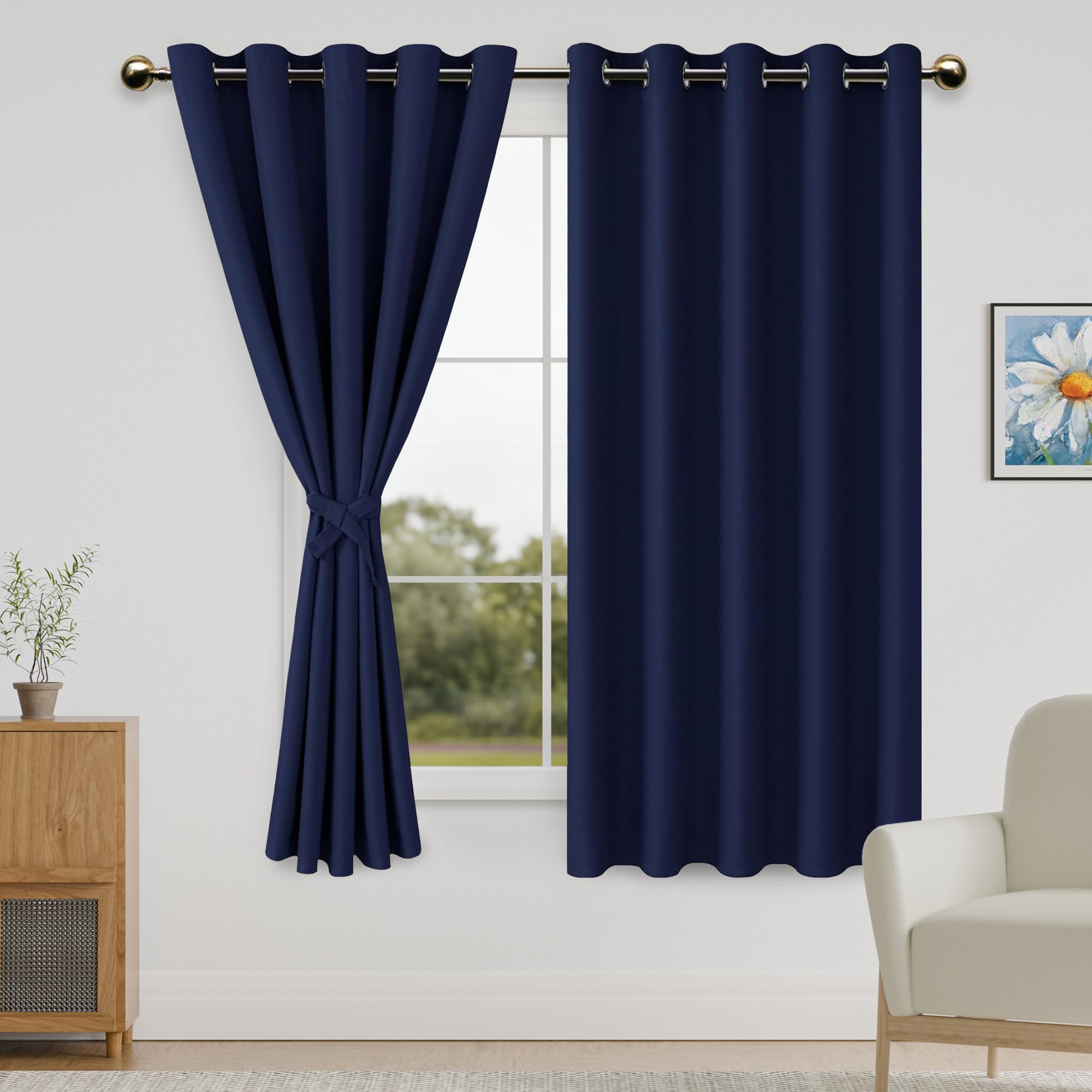 DWCN Blackout Curtains for Bedroom - 60 x 63 Inches Long Thermal Insulated & Light Blocking Grommet Window Curtains for Living Room with Tiebacks, Navy Blue, 2 Drape Panels — image 1