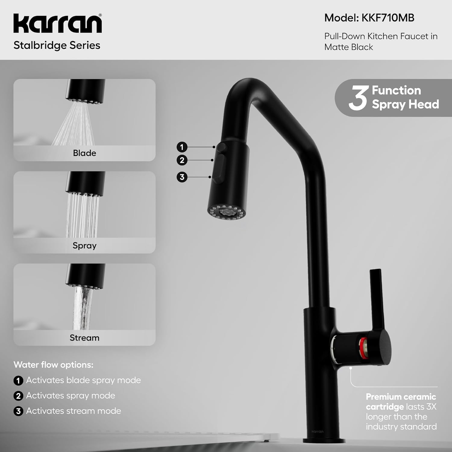 Karran Stalbridge Pull-Down Kitchen Faucet, Single Handle High Arc Design – 3-Function Blade Spray, Spot-Free Finish Options (Matte Black)