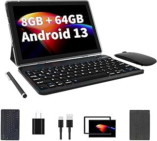 10 inch Android 13 Tablet, 8GB+64GB 1TB Expand, 2 in 1 Tablets with Keyboard, Case, Mouse, Stylus, 1280x800 IPS Touch Screen, 2.0GHz Quad-Core, WiFi 6, Bluetooth5.0, Dual Camera (Gray)