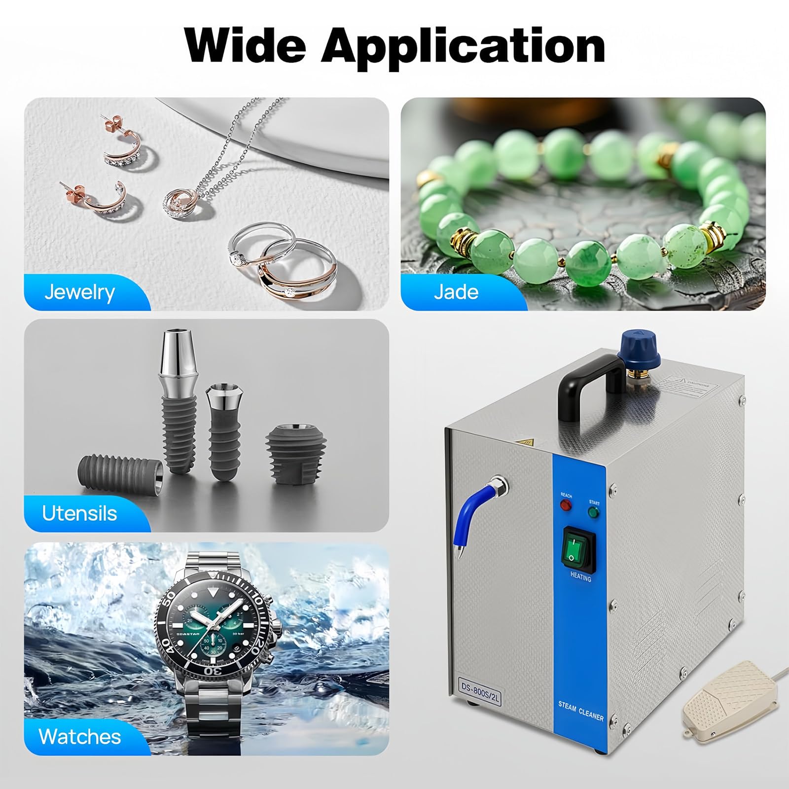 Limpiadora a vapor para joyas, limpiadora a vapor profesional para gemas de 1300W, limpiadora a vapor eléctrica para joyas de 2L, para oro/plata/piedras preciosas, para estudios de joyería 110V