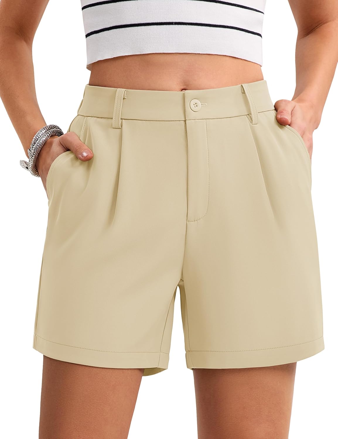 MAGCOMSEN Shorts for Women Dressy Casual Summer Pleated Tailored Back Elastic Waist Trouser Shorts with Pockets