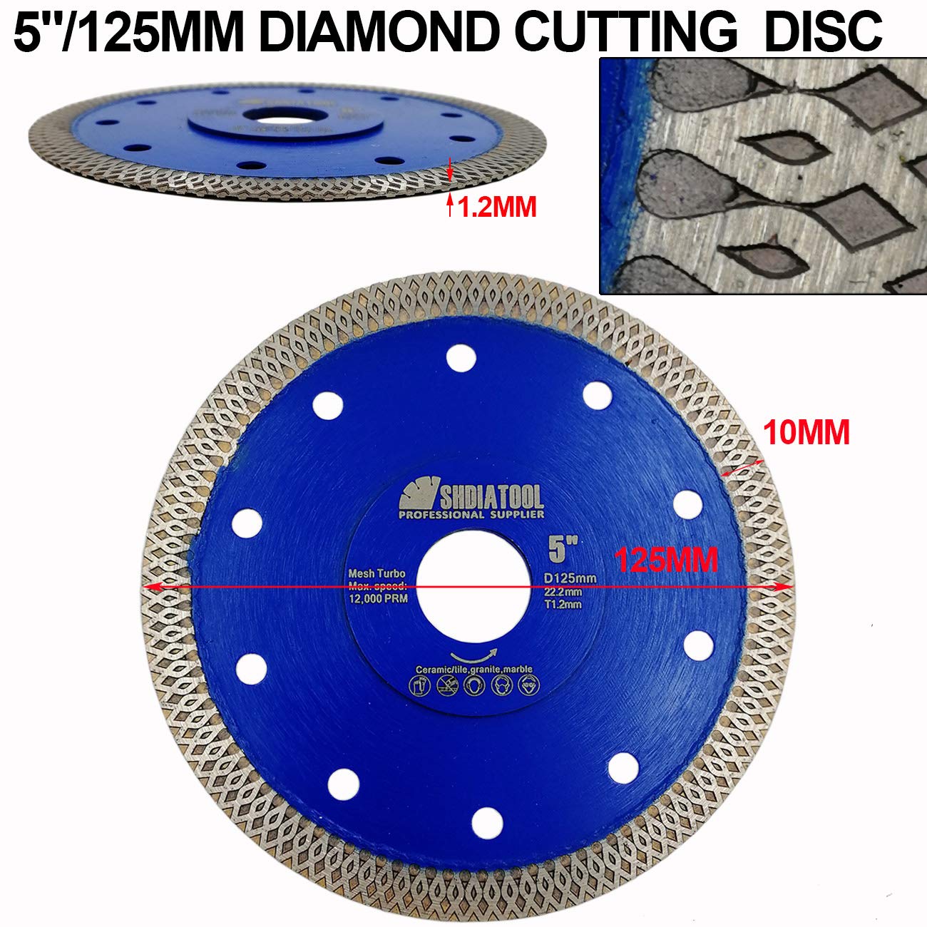SHDIATOOL Disco de corte de diamante X de malla turbo segmento de borde prensado en caliente sinterizado hoja de sierra circular para azulejos mármol diámetro 105 mm paquete de 5