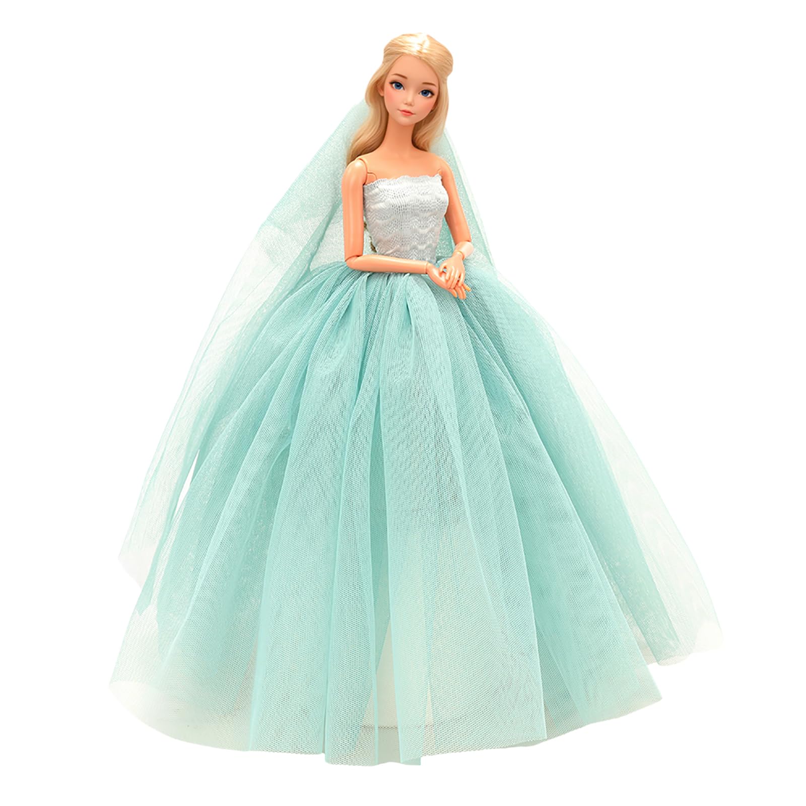 BARWA Light Blue Wedding Dress with Veil Evening Party Princess Light Blue Gown Dress for 11.5 inch Girl Doll