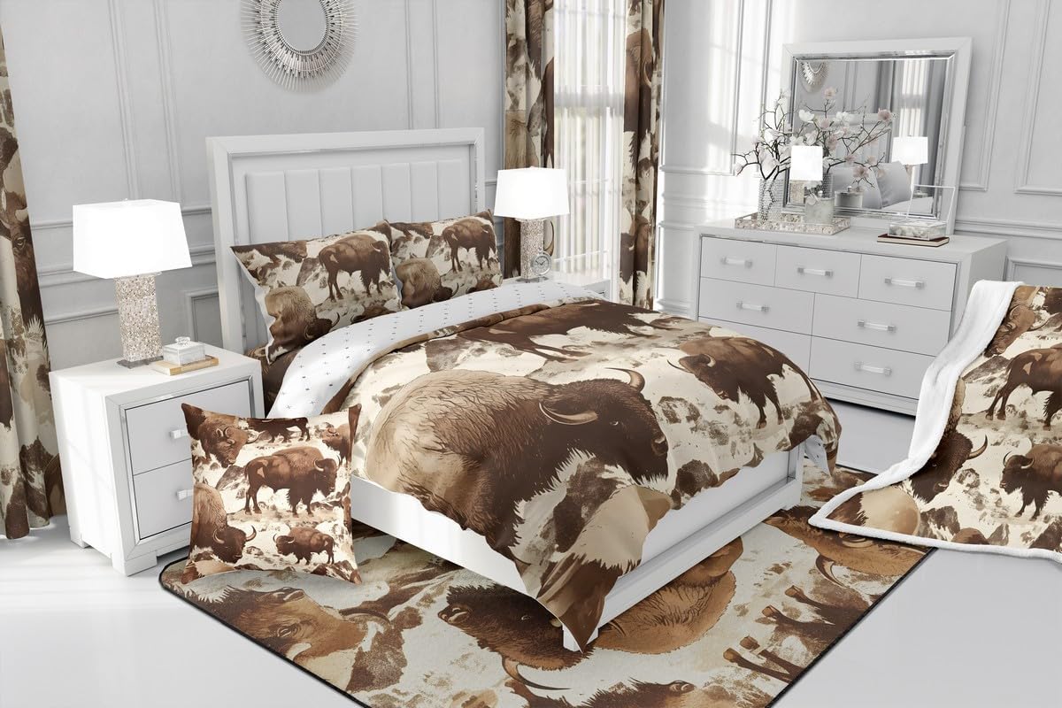 Jejeloiu キュートなバッファローシーツセット 女の子用 ツインサイズ ワイルド アメリカン バイソン シーツ 深いポケット付