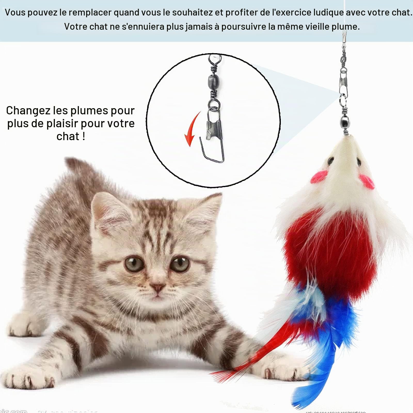 Jouet Chat Plume, Jouets pour Chats à Plumes, 1 Rétractable Canne à Pêche Chat Jouet avec 8 Recharges,Interacti pour l'intérieur Chats et Chatons(9 PCS)