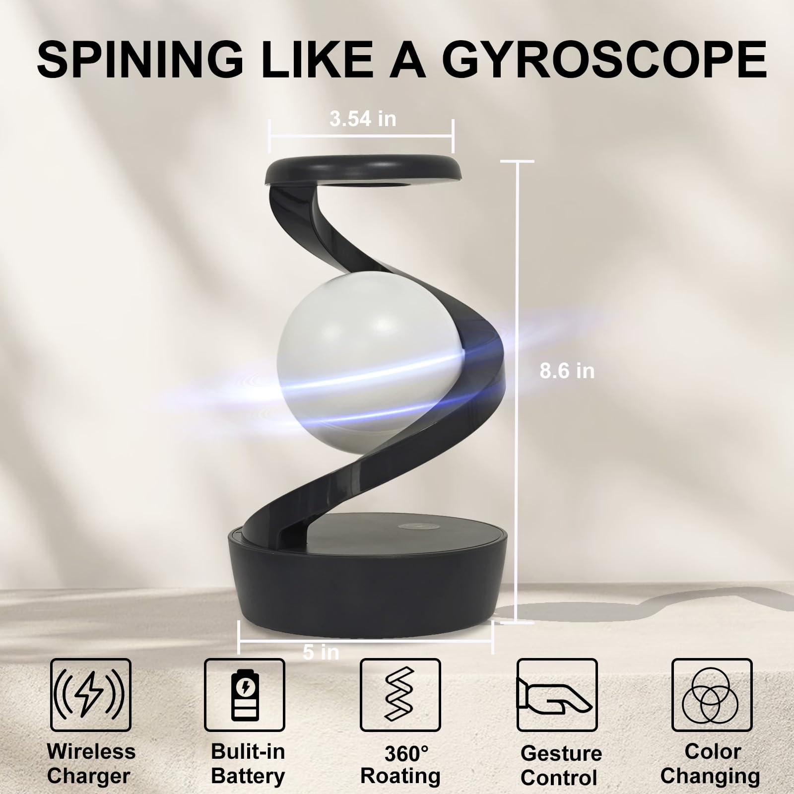 Image of LED 360° Spiral Rotating Desk Lamp with Wireless Charger, Modern Table Lamp, Cordless Desk Lamp Rechargeable, Multicolor LED Levitating Night LightBattery & Portability