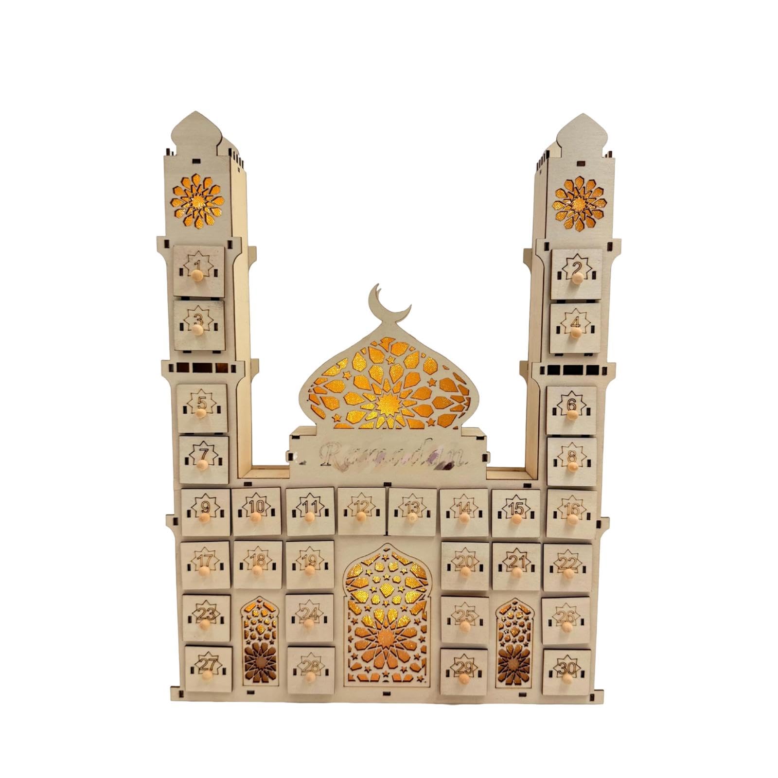 Amagogo Ramadan-Adventskalender, hölzerner Eid-Mubarak-Adventskalender mit 30 Schubladen für Partyzubehör, Eid-Mubarak-Wohnzimmer, Zuhause