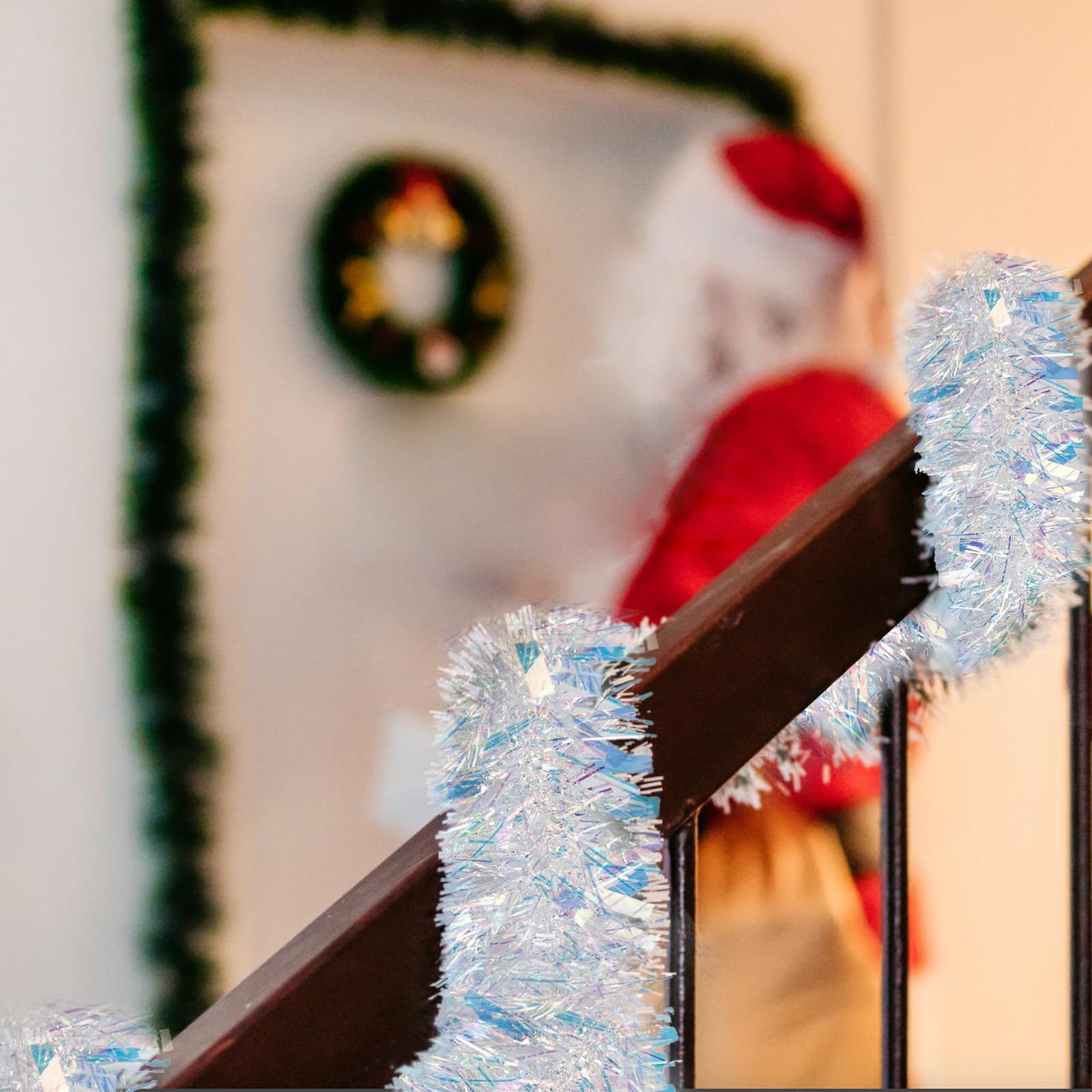 GEBETTER 6Pcs x 2m Guirnaldas Navidad, Espumillon Árbol Navidad, Oropel Efecto Holográfico, Decoración Navideña Adorno Escalera Chimenea Pared Techo Ventana Hogar Fiesta Regalo (Blanco)