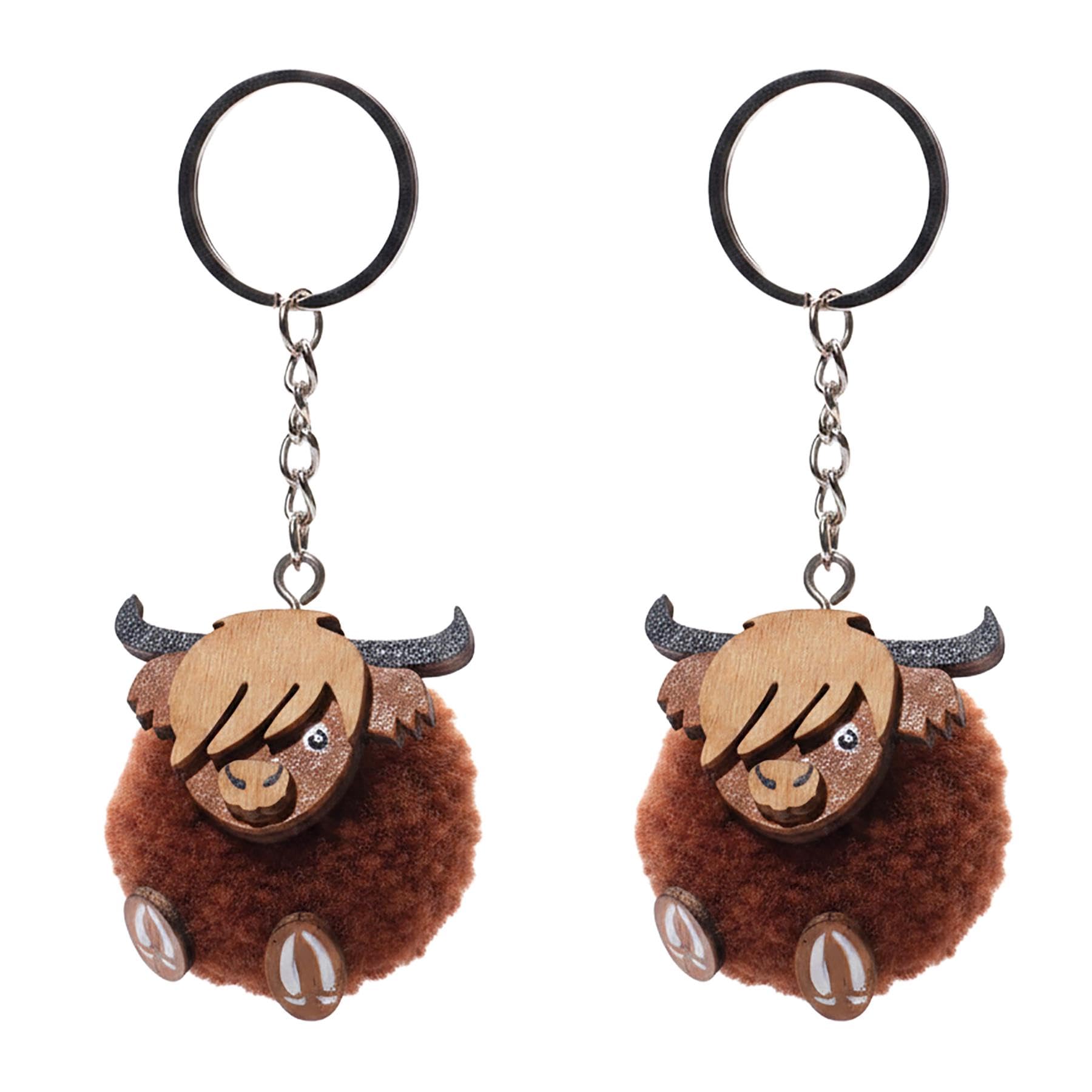 Carousel Home Unisex Brown Pack Of 2 Highland Cow Pom Pom Keyrings, 4Cm Wool Pom Pom Bag Charms, Mini Woolly Cow Animal Keychains