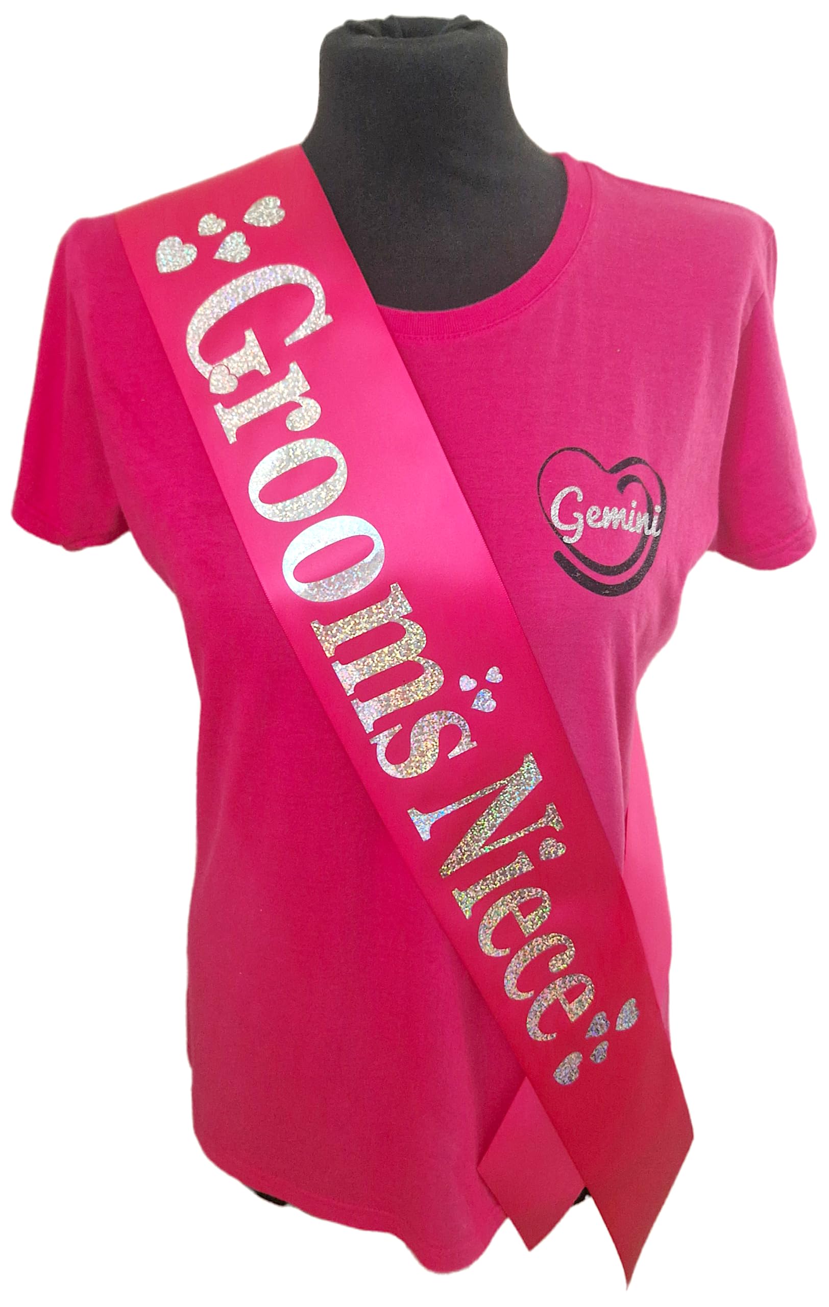 Hen Party Sashes - Beautiful fuchsia satin ribbon with silver holographic text and heart embelishments - Grooms Niece