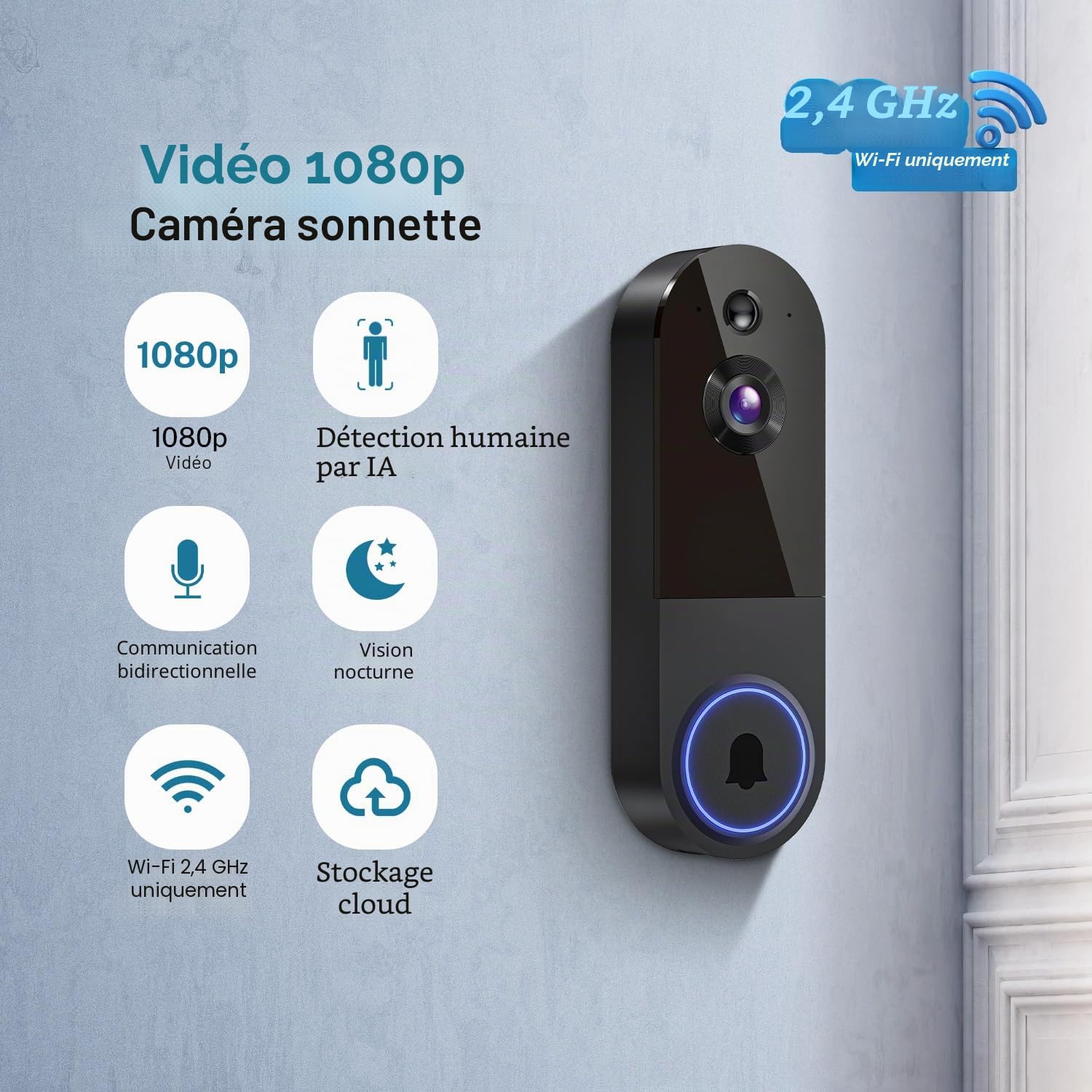 Sonnette vidéo sans fil 1080p, détection humaine AI, vision nocturne, audio bidirectionnel, alimentation par batterie, stockage dans le nuage, WiFi 2,4 G, surveillance intérieure et