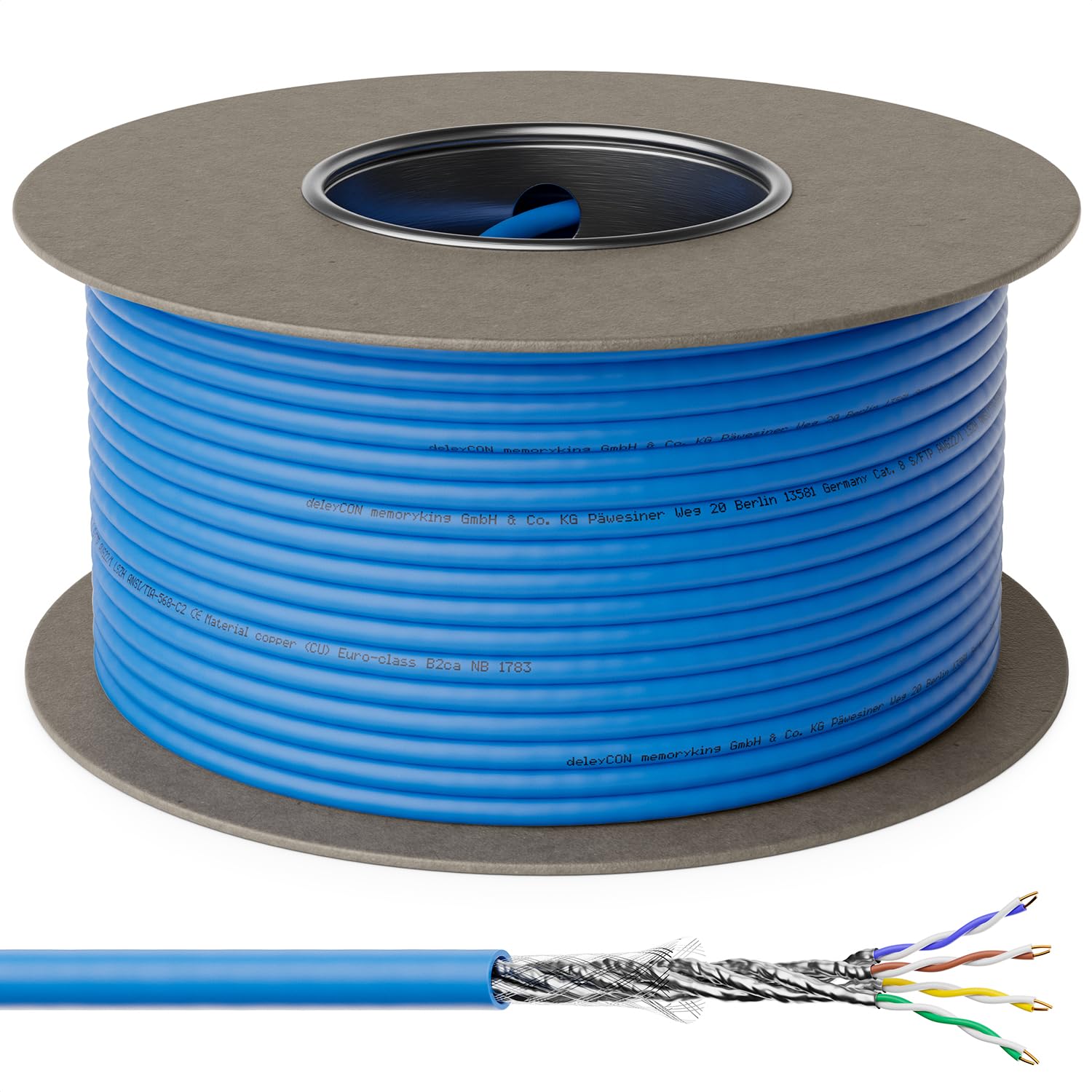 deleyCON 100m Cavo Installazione CAT 8 Rame (CU) Rigido S/FTP PiMF Schermatura 40Gbps 2000MHz AWG22 Rete LAN Ethernet Dati LSZH Senza Alogeni BauPVO B2ca - Blu