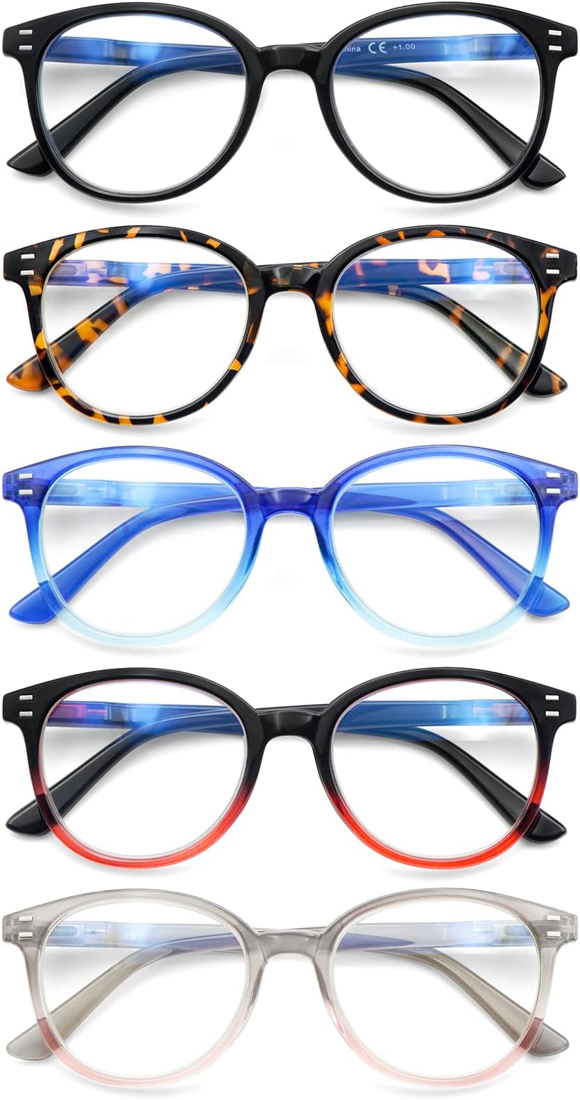 COJWIS Reading Glasses Blue Light Blocking 5 Pack Spring Hinge Fashion Readers for Men and Women Anti Glare Filter Eyeglasses (Multicolor, 1.5)
