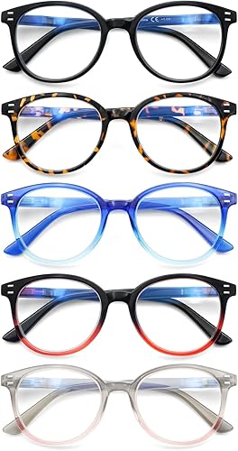 COJWIS Lentes de lectura con bloqueo de luz azul, paquete de 5 unidades, bisagra de resorte, para hombres y mujeres, anteojos con filtro