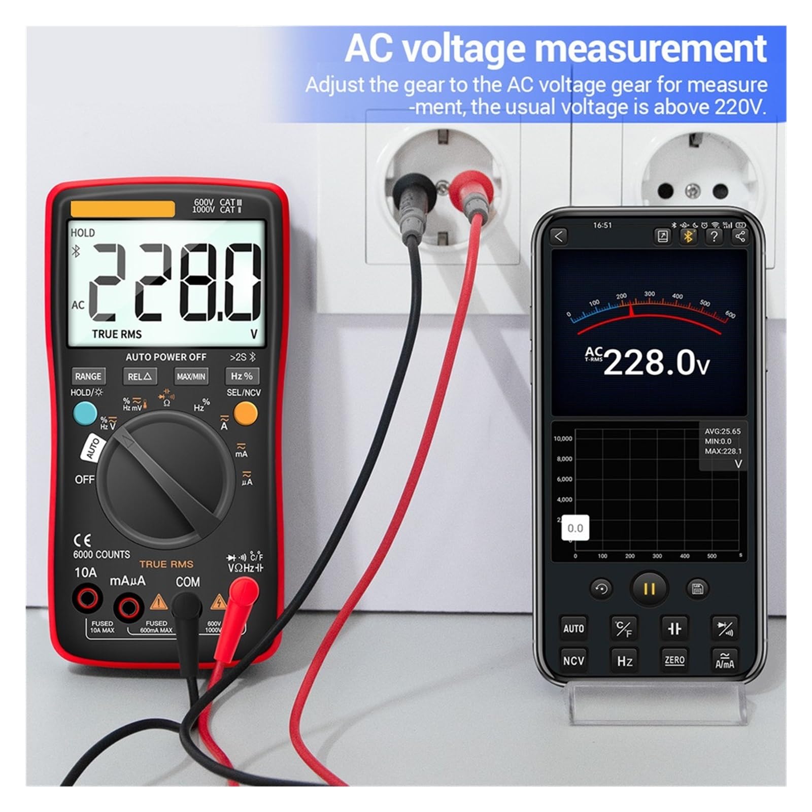 Multimetr Cyfrowy Bluetooth 6000 Liczy Profesjonalny MultimetroTrue Tester Napięcia Prądu AC/DC Auto-Range Bezpieczny, Praktyczny, DokłAdny(Blue)