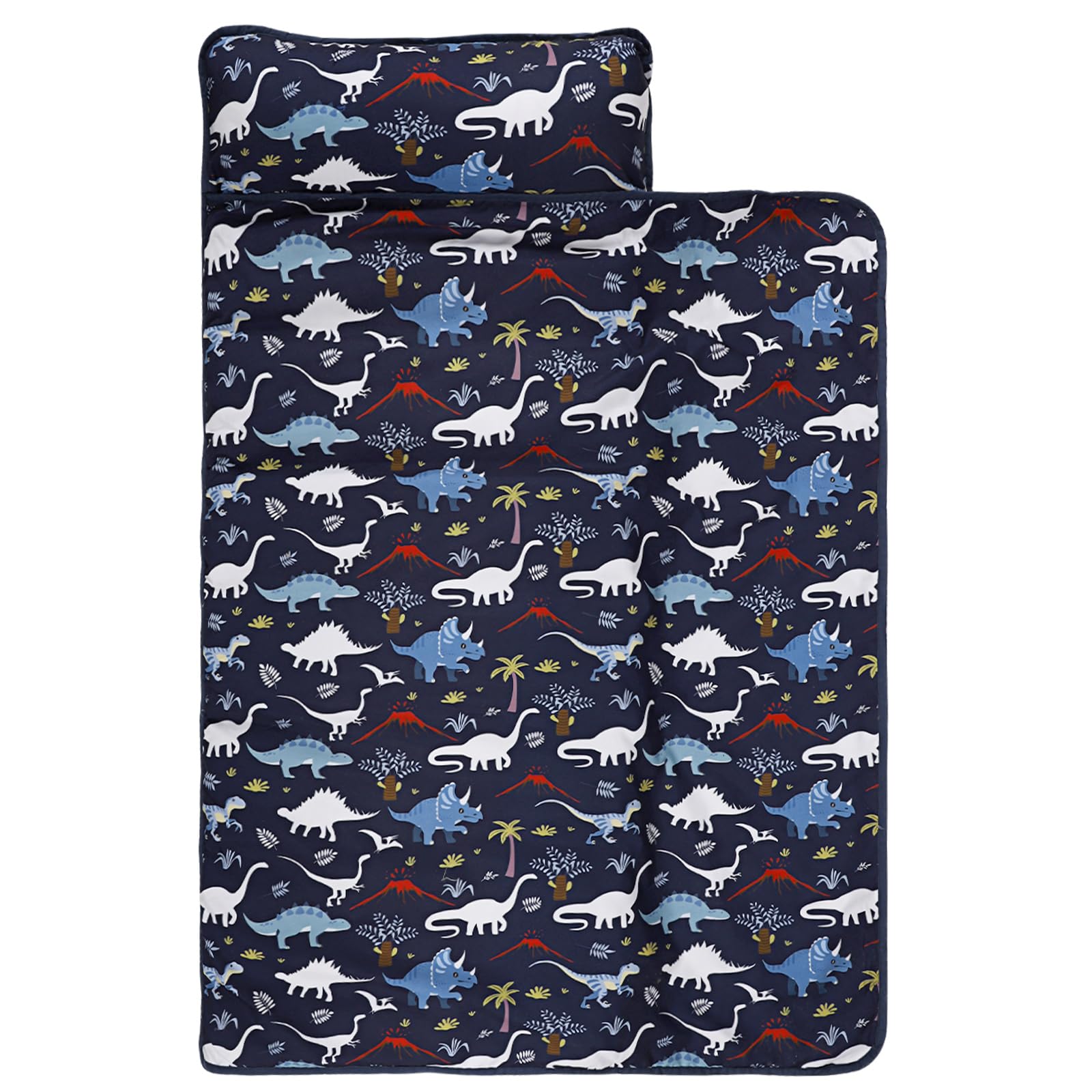 GFU Toddler Nap Mat with Removable Pillow, Rolled Nap Mats for Boys Preschool, Cute Sleeping Bag for Daycare, Napping Mats for Kids with Soft Dot Minky Blanket Ages 3-7 Years, Blue Dinosaurs