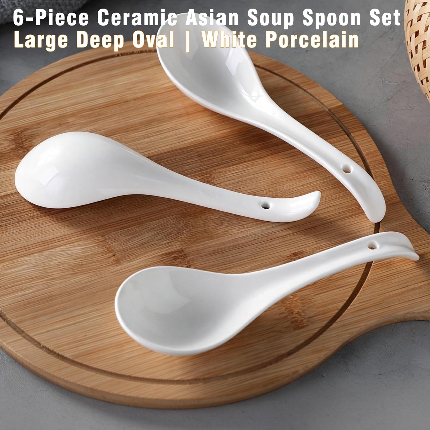 Ceramic Asian Soup Spoons, Set of 6 - Large Deep Oval Japanese Spoons for Ramen, Pho, Wonton, Miso & Noodles, White Chinese Soup Spoons
