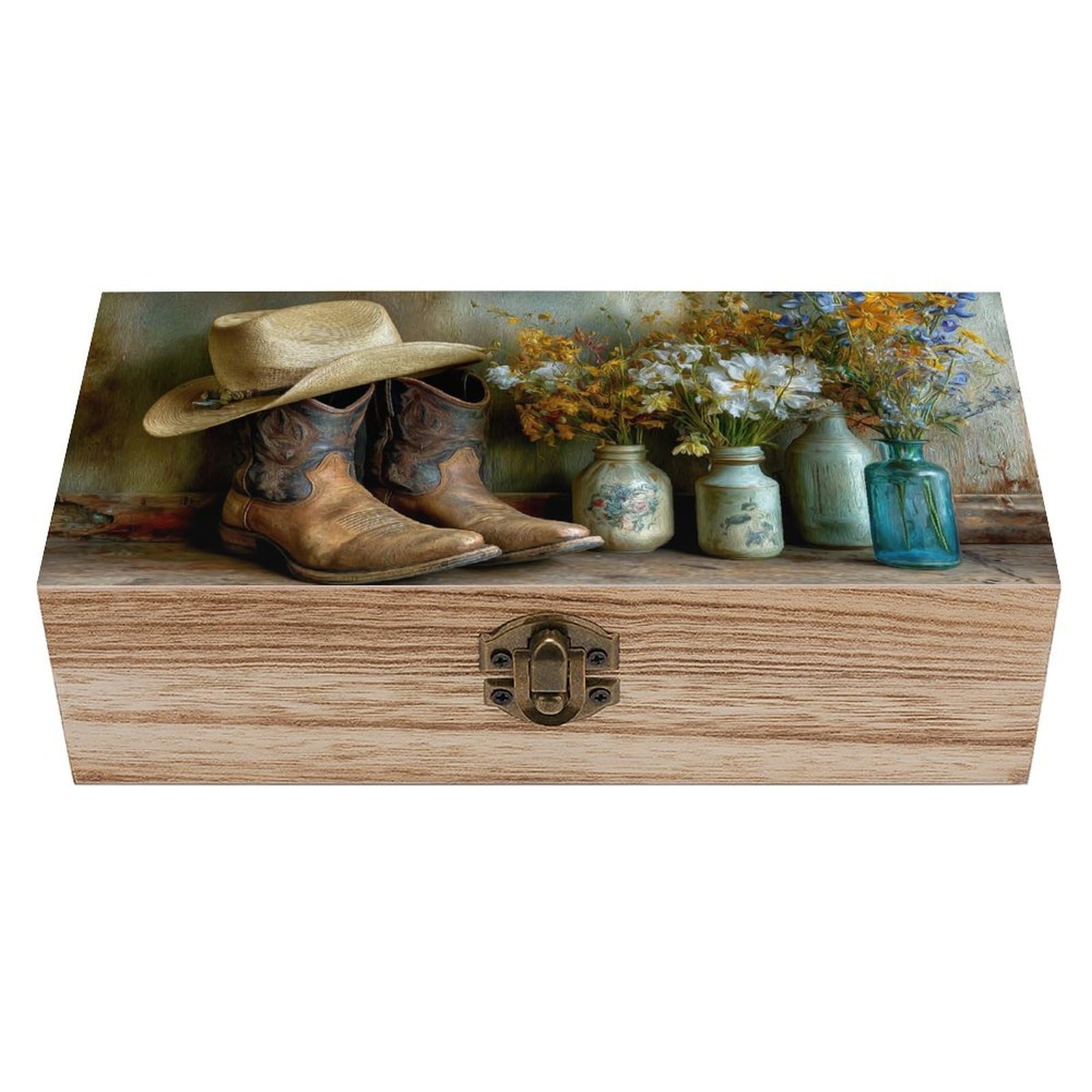 Pair of Cowboy Boots Hat Wildflowers Vases Rustic Wooden Storage Box with H