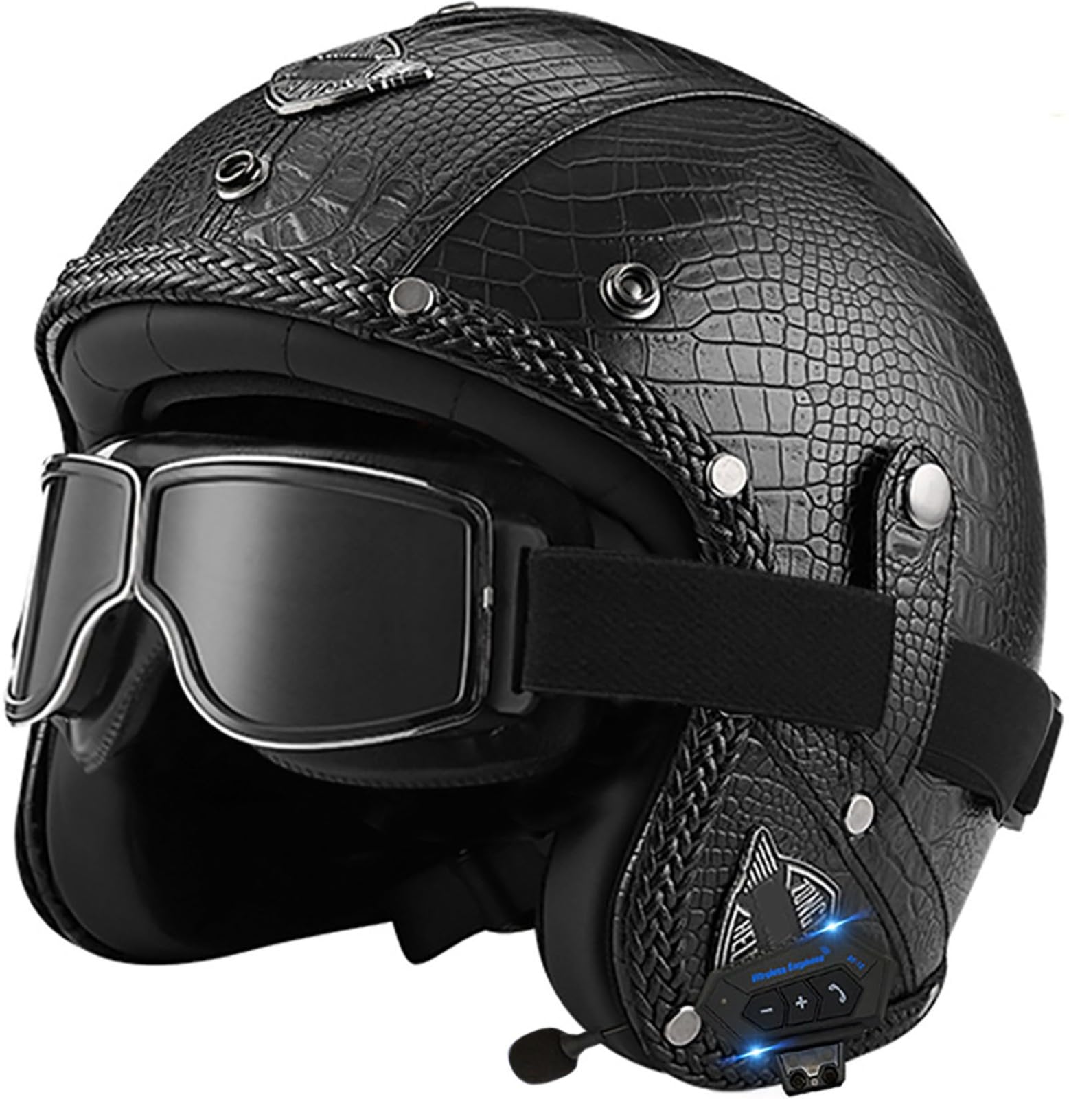 Retro Open Face Motorbike Helmet with Bluetooth, Leather Jet Helmet with Personalized Goggles, DOT Approved 3/4 Motorcycle Half Helmet, Crash Helmet for Adult Men and Women