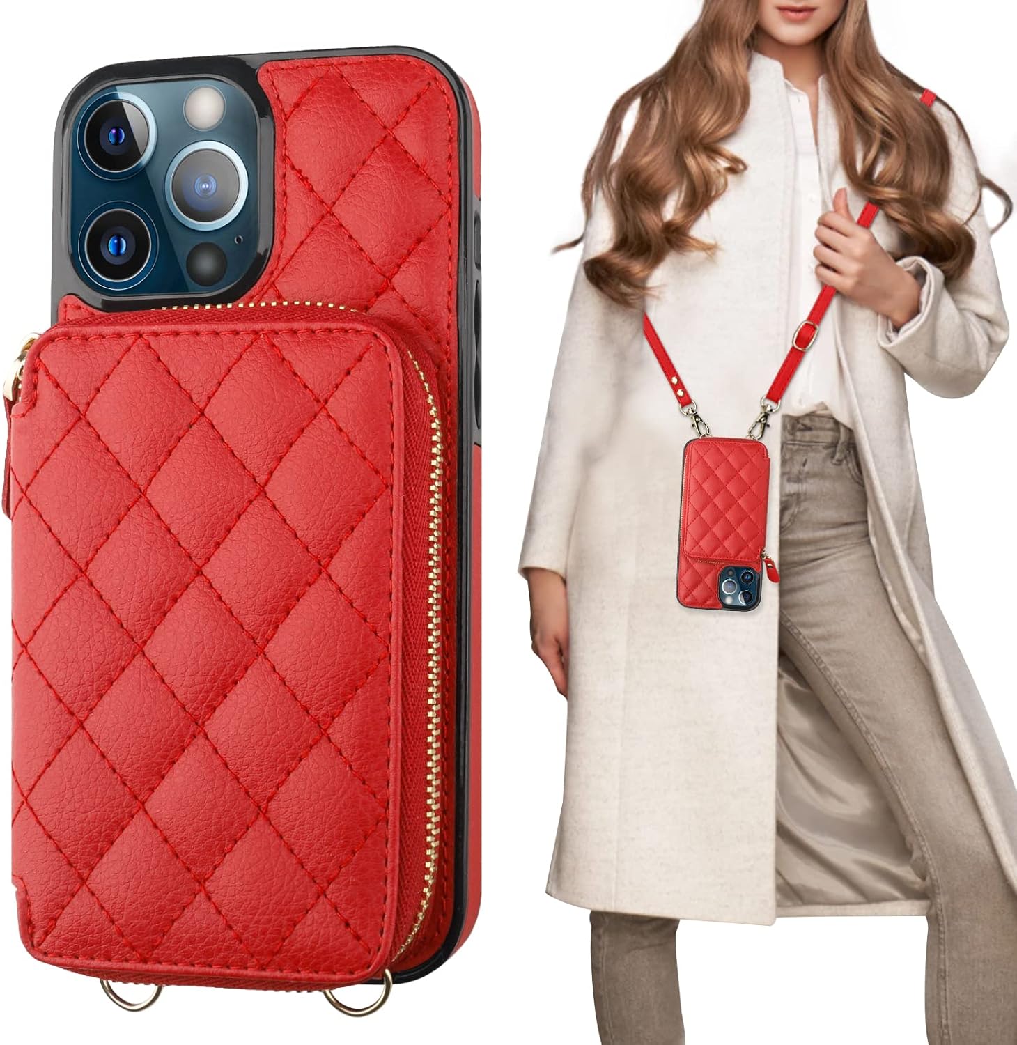 Bocasal Crossbody Wallet Case for iPhone 13 Pro Max, RFID Blocking PU Leather Zipper Handbag Purse Flip Cover, Kickstand Folio Case with Card Slots Holder Wrist Strap Lanyard 5G 6.7 Inch (Red)