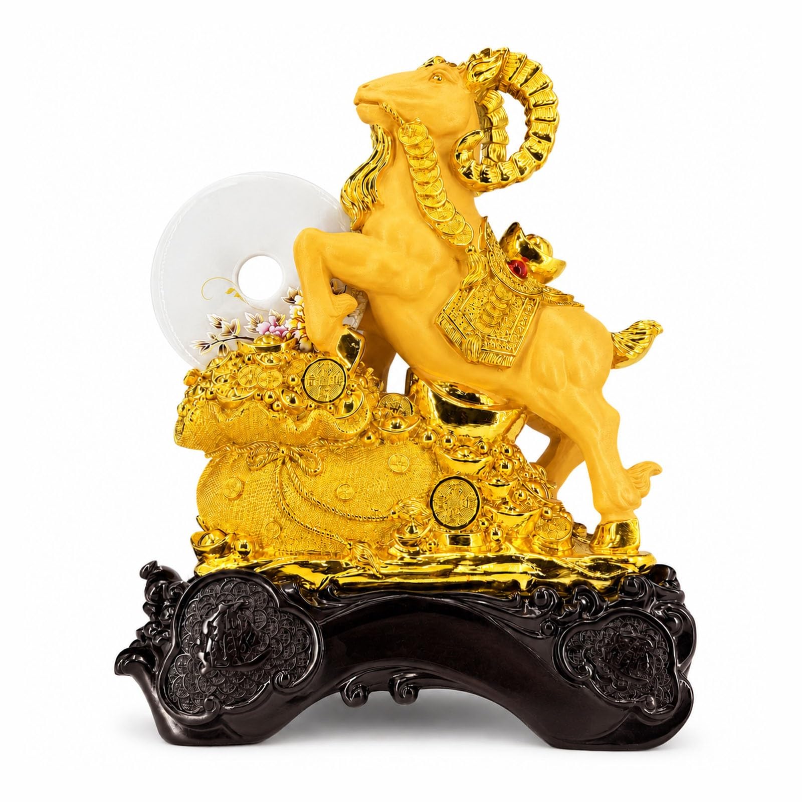 Golden Feng Shui, Ram Statue Ping'an Kou, Money Bags And Gold Ingots