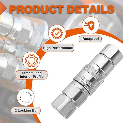 Miniatura 3 de 12 '' NPT Skid Steer acopladores hidráulicos, acopladores rápidos hidráulicos de cara plana con 2PCS cubiertas de polvo, accesorios hidráulicos de