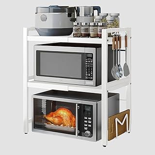 devesanter Estante expandible para microondas de 3 niveles, soporte para microondas, organizador de encimera de cocina, estantes de panadería con 6 ganchos, accesorios cocina, color blanco