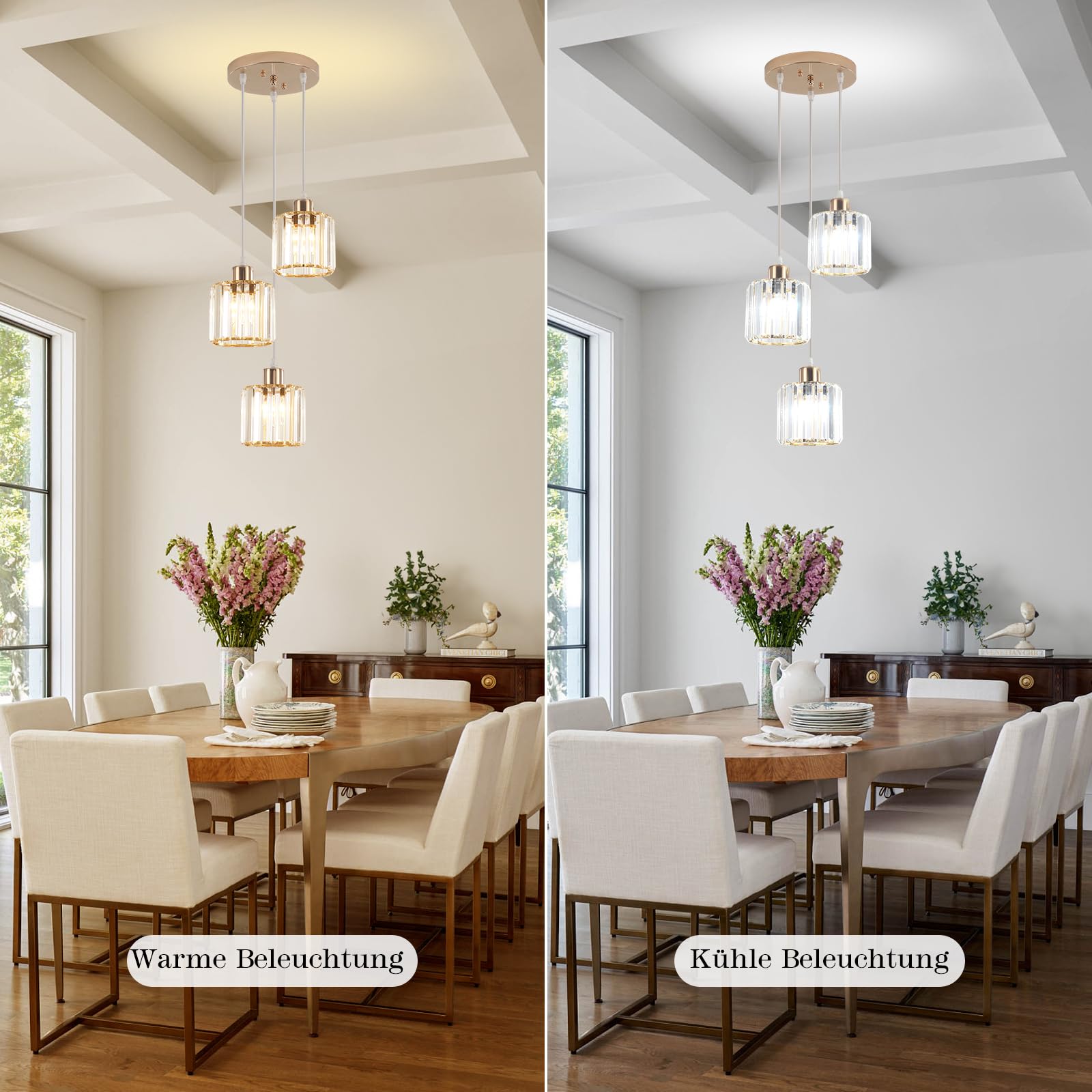 Pendelleuchte Esstisch Pendellampe Kristall, 3 Flammig Gold Kronleuchter Modern Hängelampe Kristall Pendelleuchte Höhenverstellbar E27 Fassung Hängeleuchte für Wohnzimmer Küche Schlafzimmer Flur