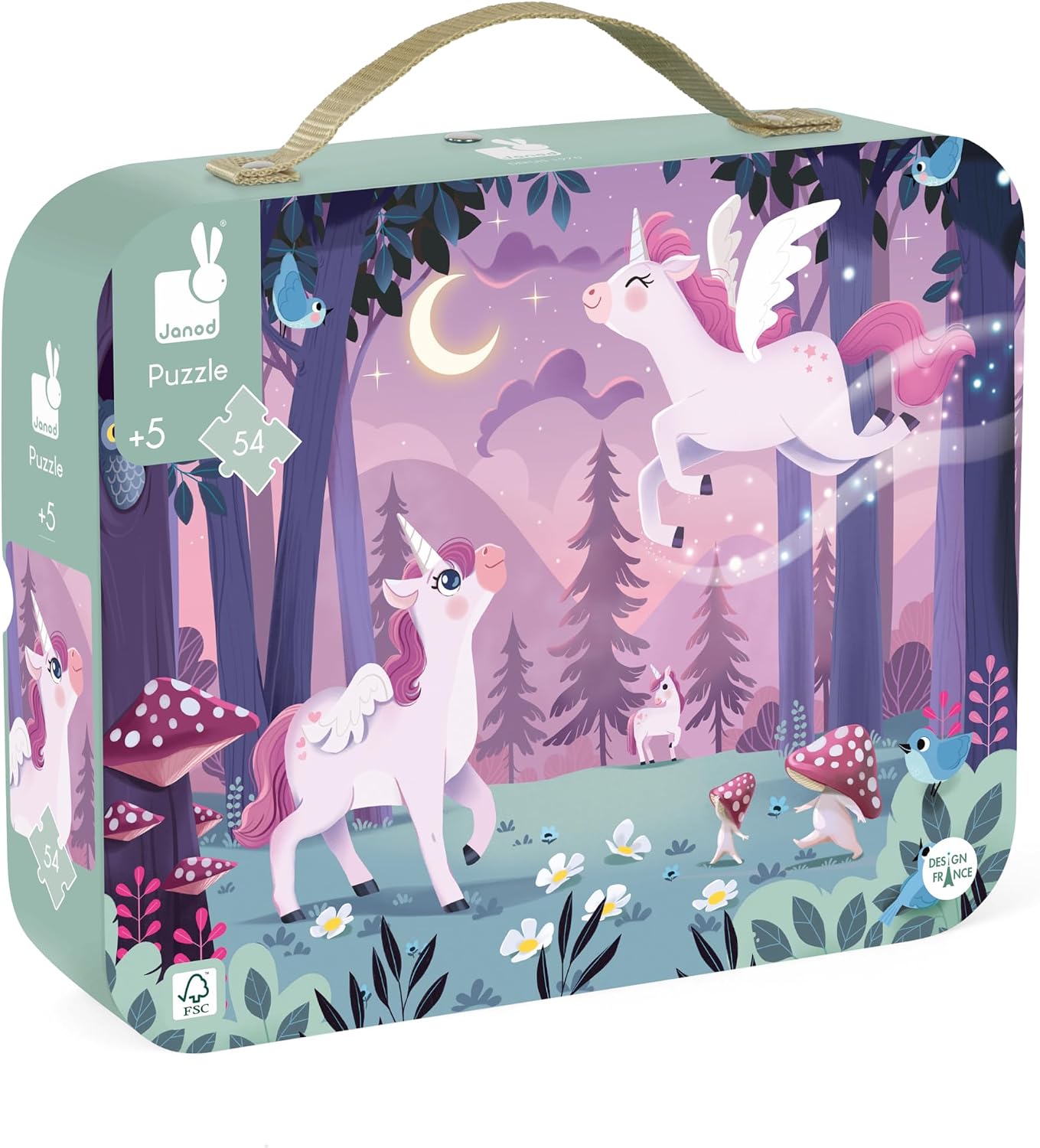 Janod - Magical Unicorns Suitcase Puzzle 54 Pieces - Child Entertainment - Portable Fun in a Sturdy Suitcase - Sparks Creativity and Imagination - Promotes Problem-Solving Skills