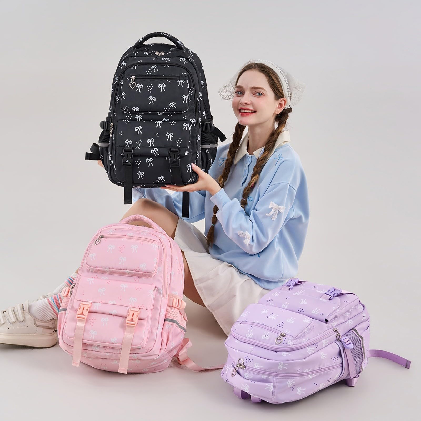Generico Set Zaino Ragazza 3 Pezzi, Zaino Fiocco Stampato Casual | Zainetto studentesca con fantasia fiocco elegante, leggero e pratico per scuola, università e uso quotidiano