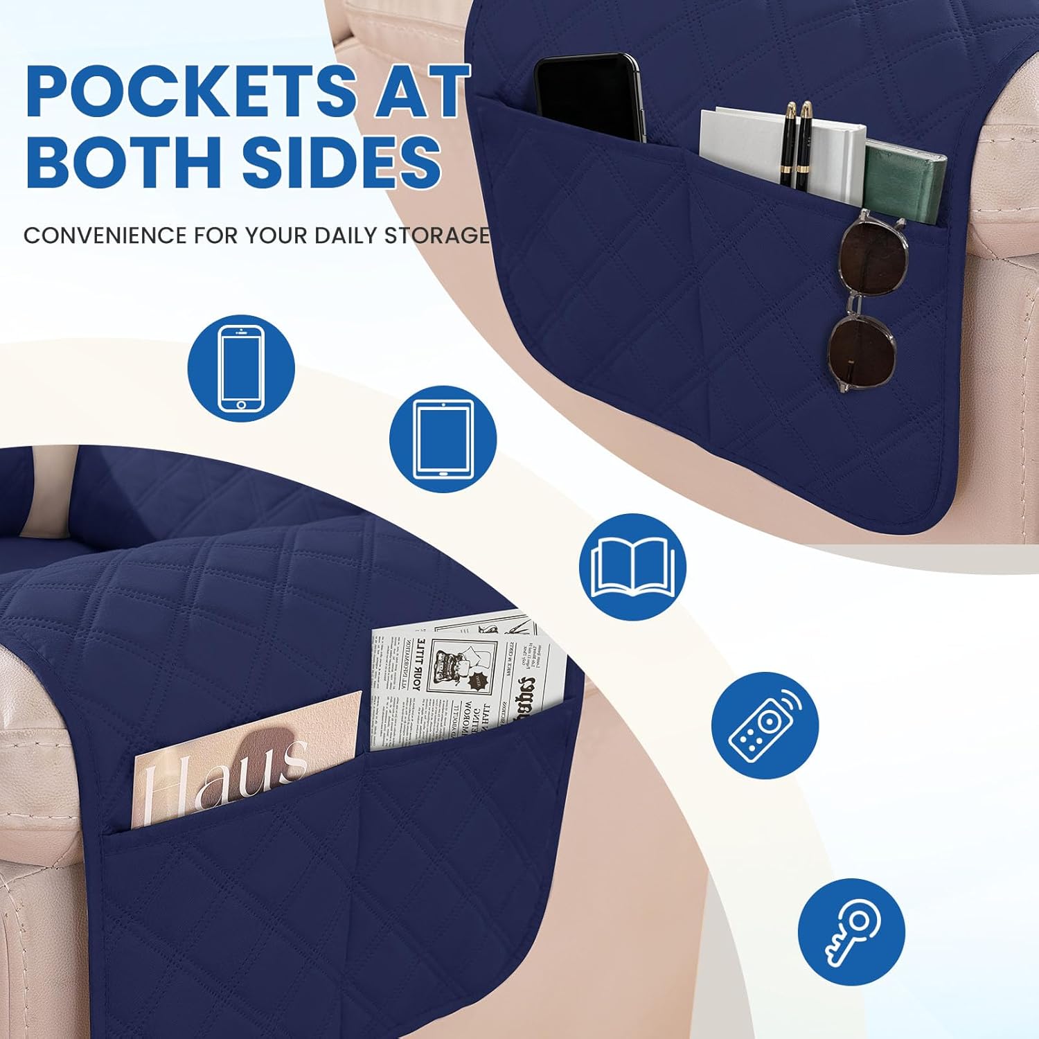 Waterproof Recliner Chair Covers, Recliner Covers that Stay in Place, Electric Recliner Cover, Recliner Covers Washable with Pocket, Elastic Straps for Kids, Pets, Dogs (Navy Blue, 28")
