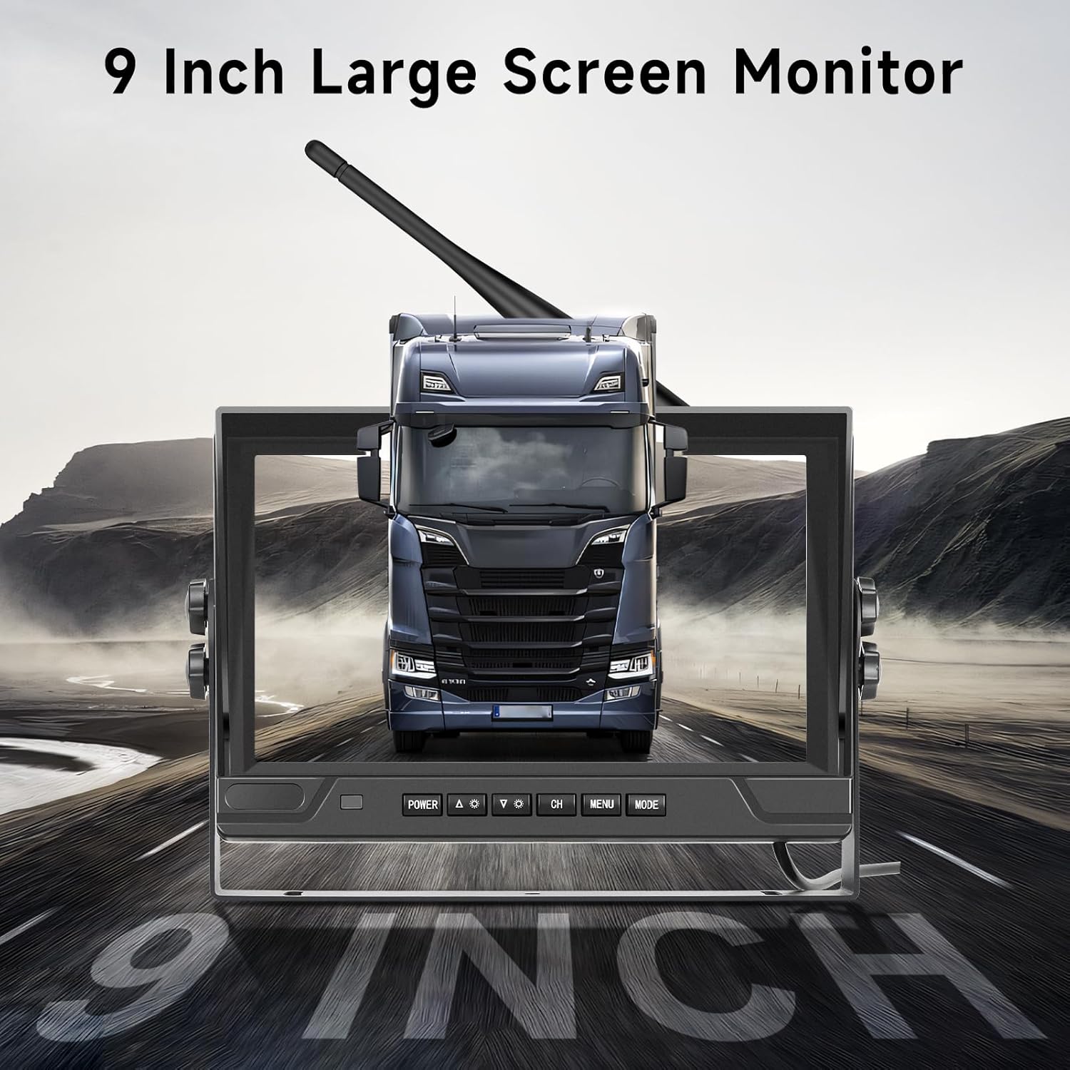Close-up of the 9-inch monitor with a truck in the background, emphasizing its size.