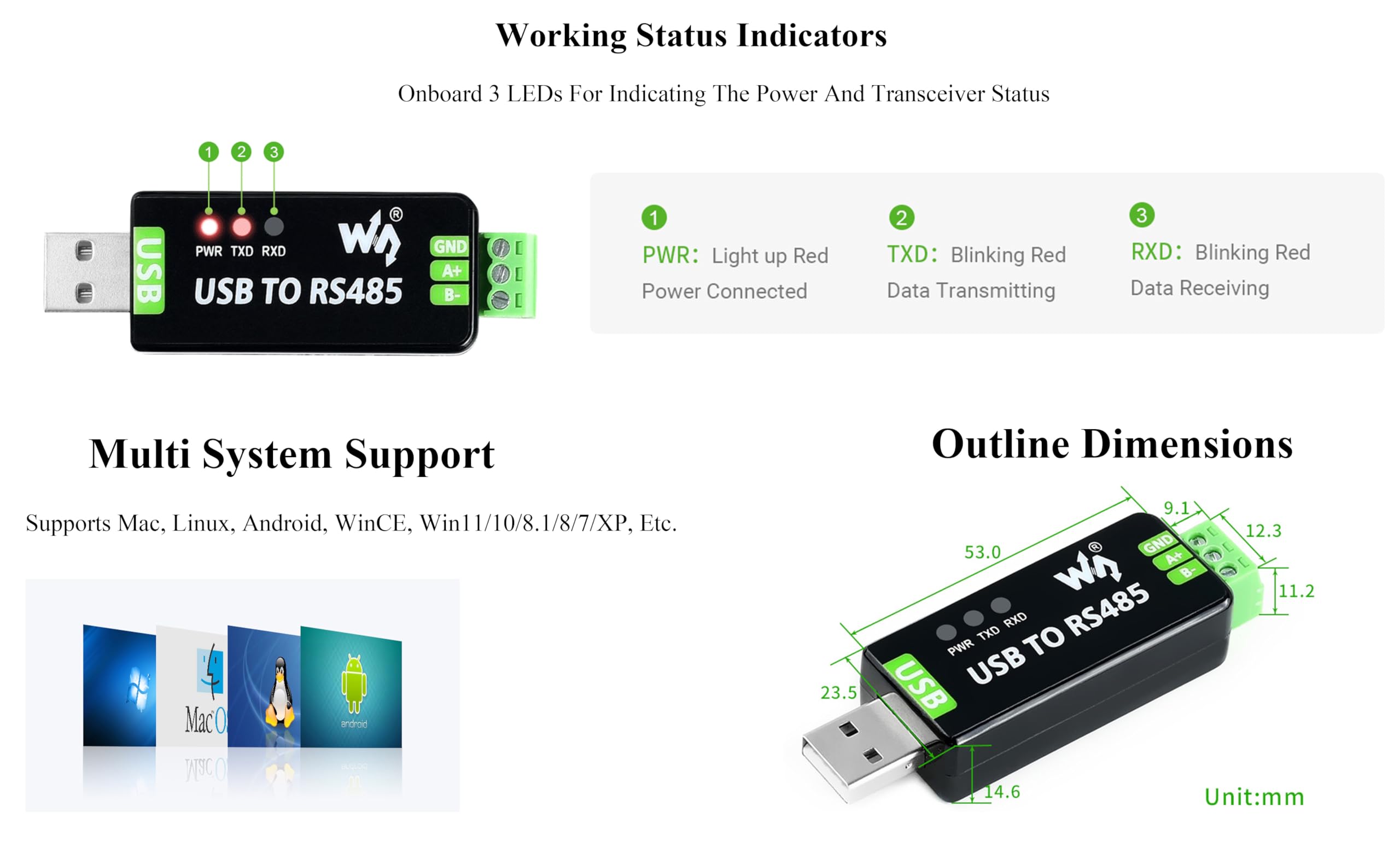 Industrial USB to RS485 Bidirectional Converter with Original FT232RNL and SP485EEN Chip, Supports Linux, Android,Win11/10/8.1/8/7/XP, etc. With Protection Circuits for Industrial Control Equipments