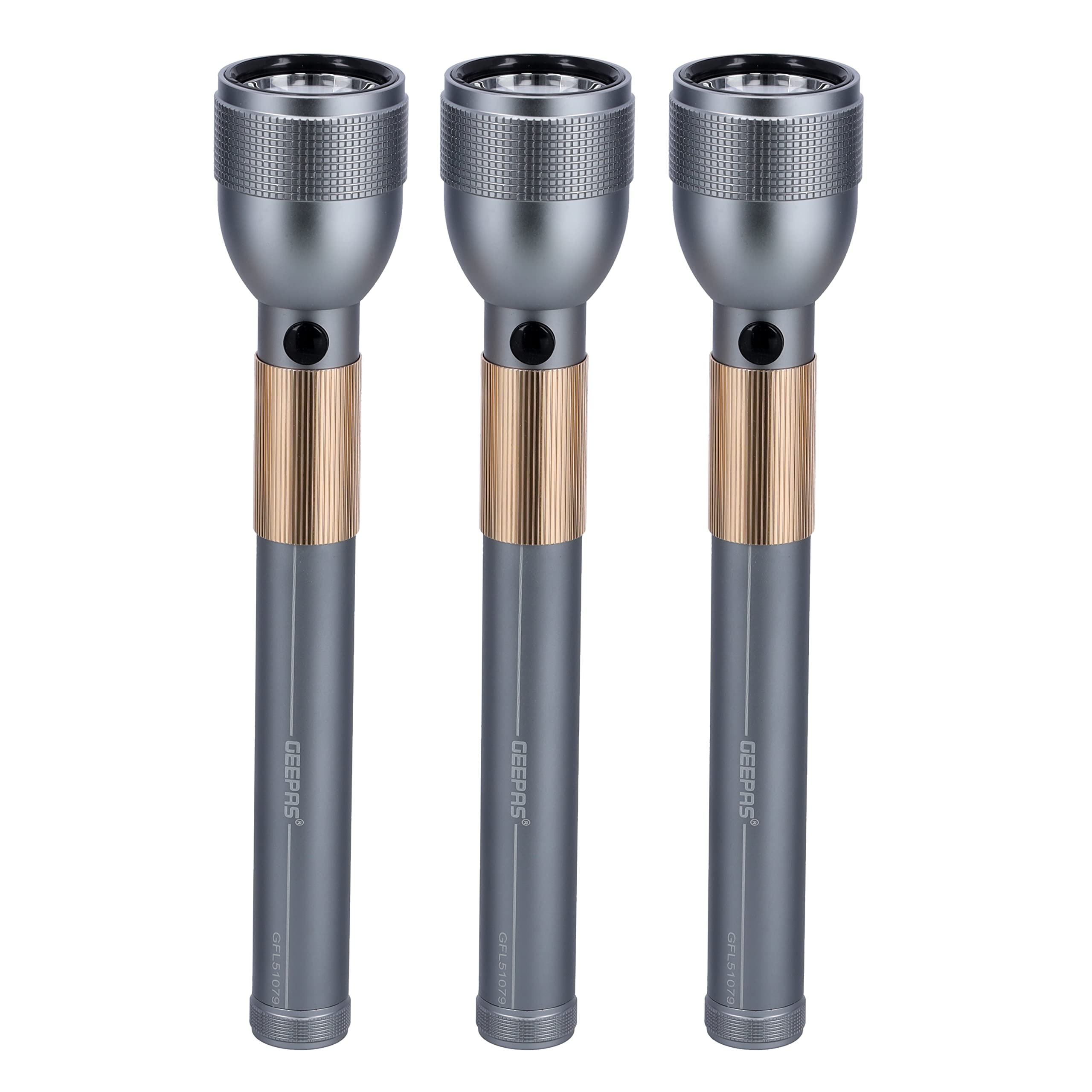 Geepas Rechargeable Waterproof LED Flashlight, GFL51079 for CREE LED, Aluminium Body, 4hrs Working, Li Ion Battery 3.7V 4000mAh, Ideal for Trekking, Camping & More, Silver