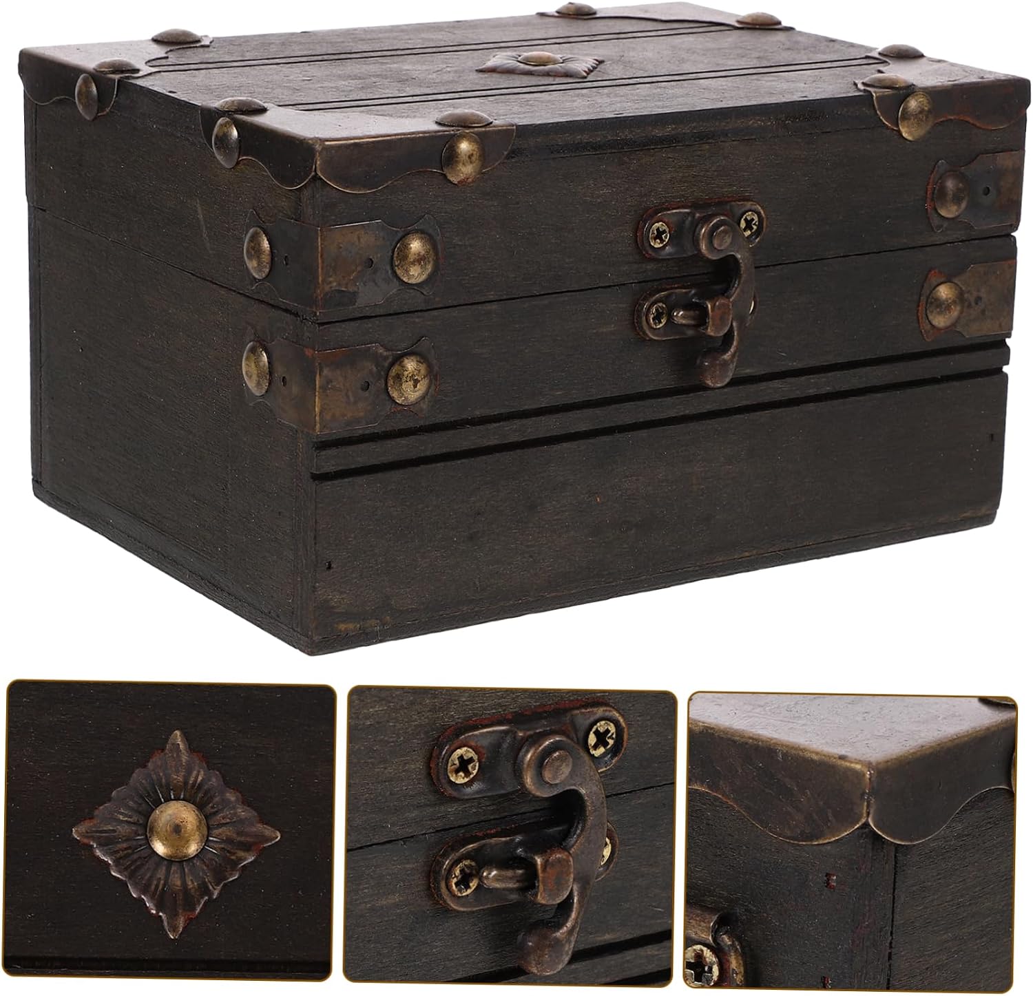 Didiseaon Wooden Treasure Chest with Pirate Lock Vintage Jewelry Organizer Box for Storage and Decorative Durable Wood and Construction Retro Design for Trinkets and Keepsakes