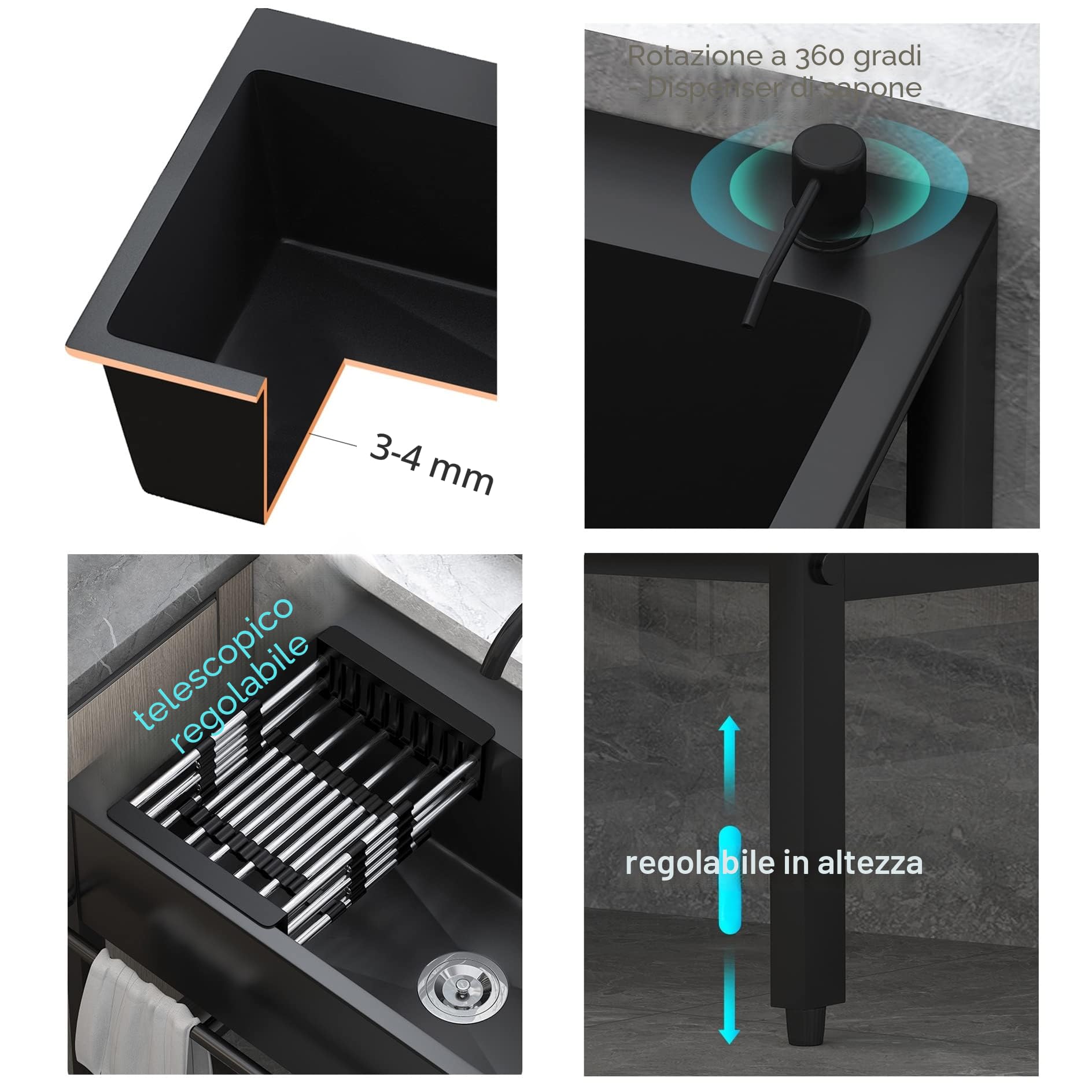 Lavello in acciaio inossidabile 304 con 1 scomparto autoportante, 68 x 45 x 85 cm lavello da ristorante commerciale con rubinetti freddi e caldi, lavabo Nero