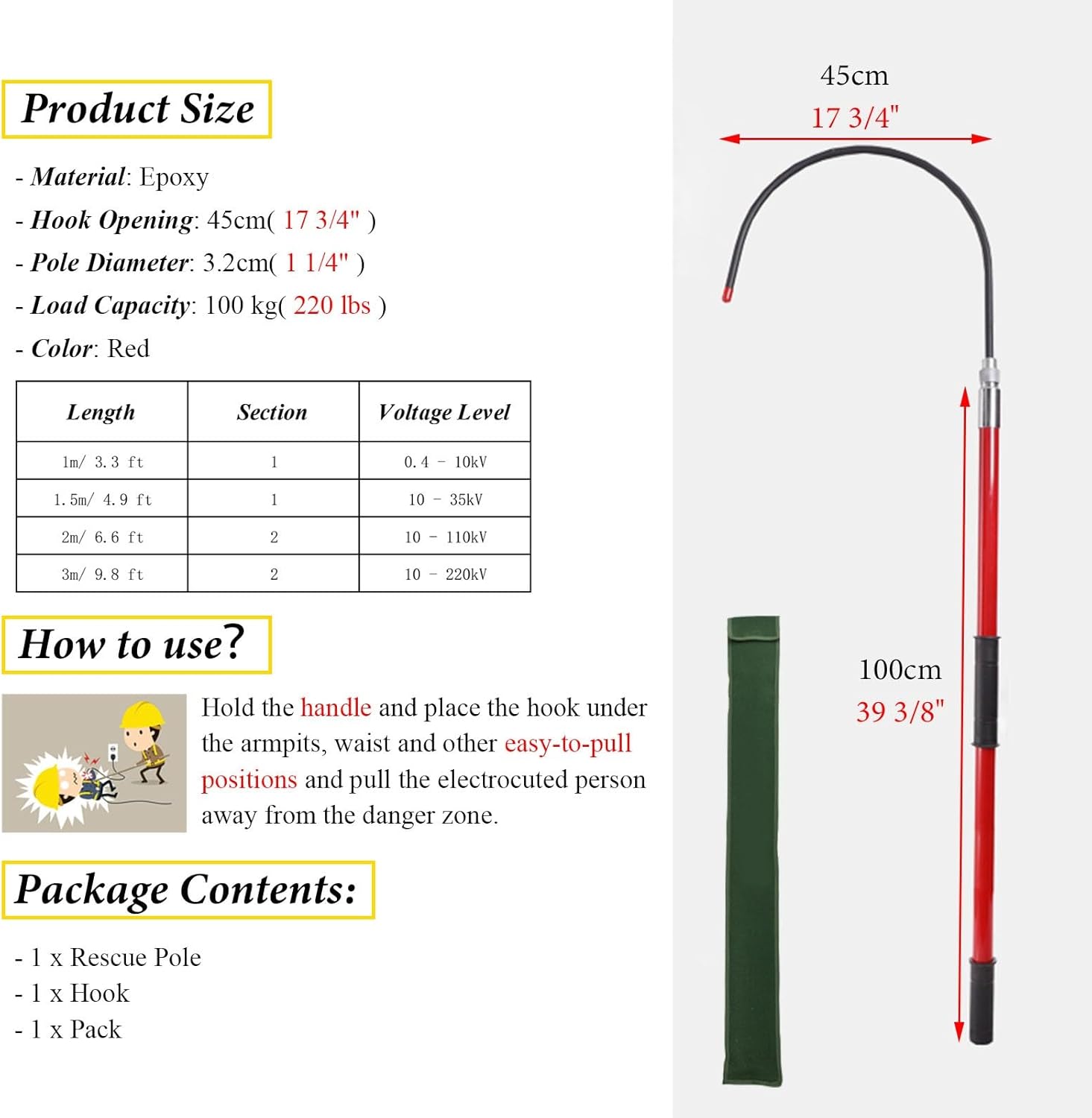 Emergency Rescue Hook for Electricians - Life-Saving Electrical Safety Tool, 1m/3.3ft Rescue Pole with Body Hook for Power Stations, Durable & Reliable Safety Equipment (Red)