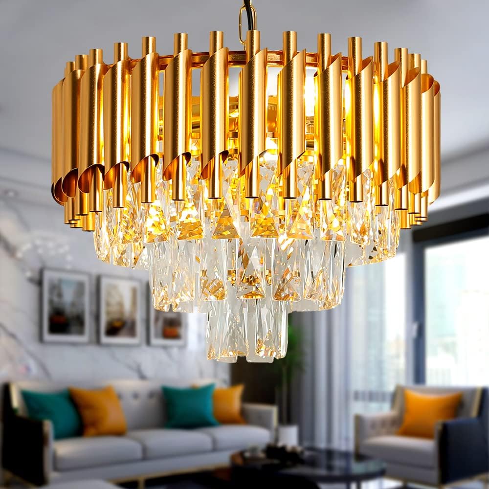 Modern Luxury Crystal Pendant Light Crystal Chandelier Round Chandelier Flush Mount Ceiling Lighting Fixture for Living Room Dining Room Table Restaurant,E12x4 Lights,Gold