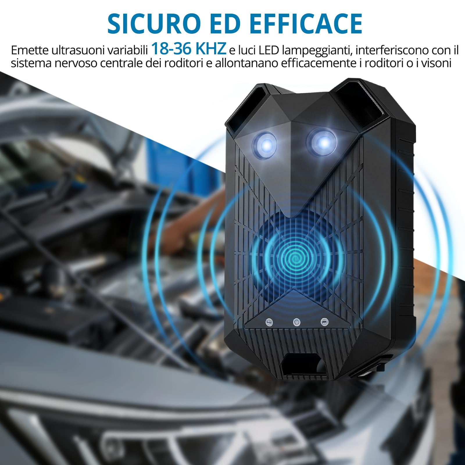 AUTOUTLET Repellente ad Ultrasuoni per Auto 18-36kHz,Supporta Batteria/USB/Alimentazione Elettrica dell'auto 12V,Funzione di Avvio/Arresto Automatico,Ultrasuoni per Topi con Luce LED,2 Pezzi